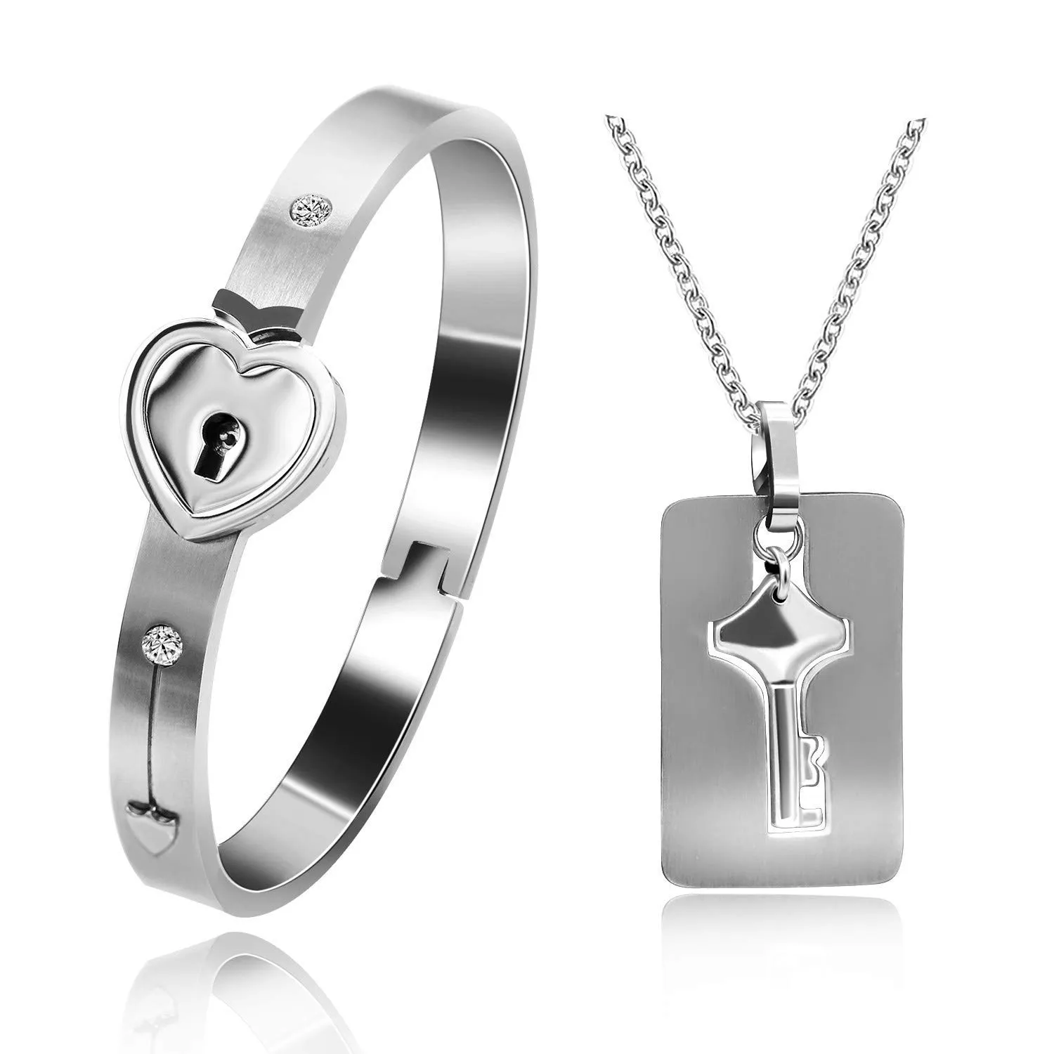 Uloveido Heart Lock Bracelet and Key Necklace Couple Jewelry Set, White, 2.4 inch - immagine 1