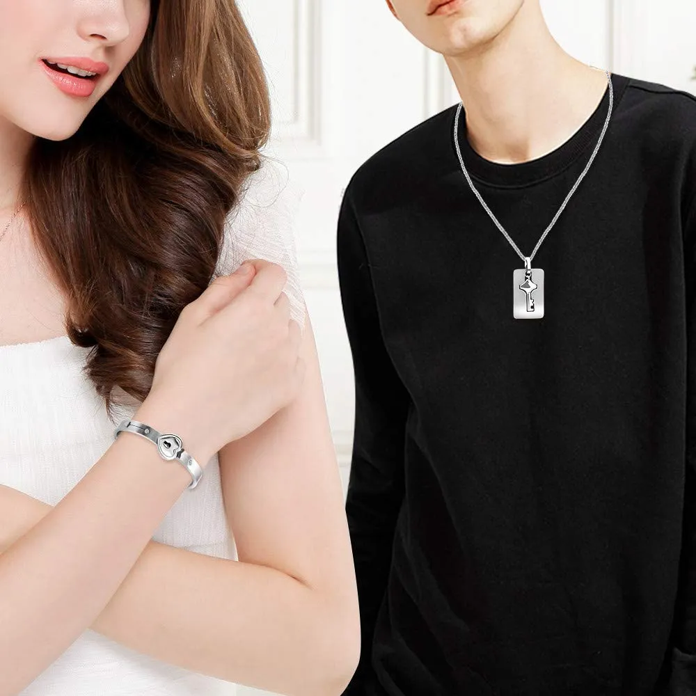 Uloveido Heart Lock Bracelet and Key Necklace Couple Jewelry Set, White, 2.4 inch - immagine 2
