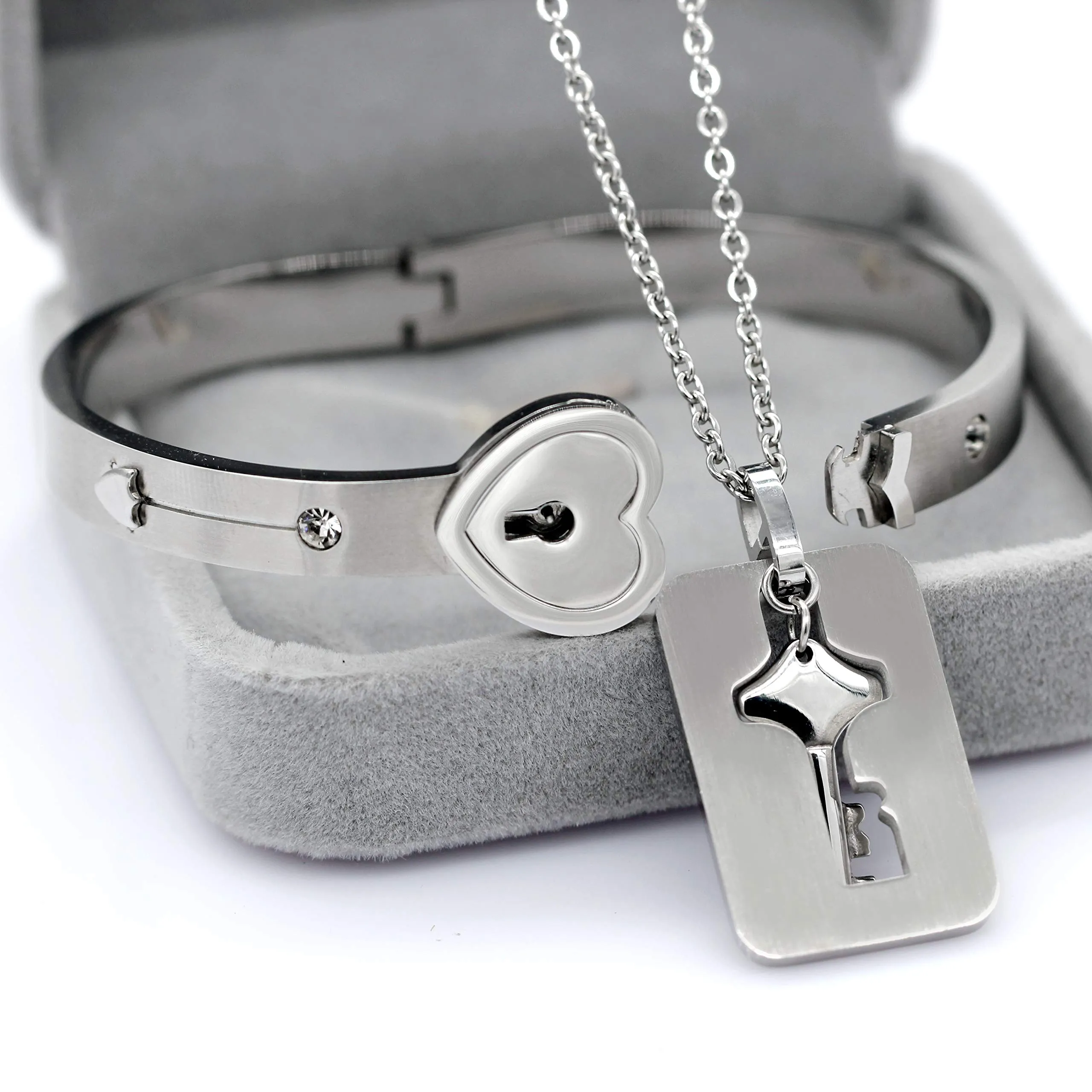 Uloveido Heart Lock Bracelet and Key Necklace Couple Jewelry Set, White, 2.4 inch - immagine 3