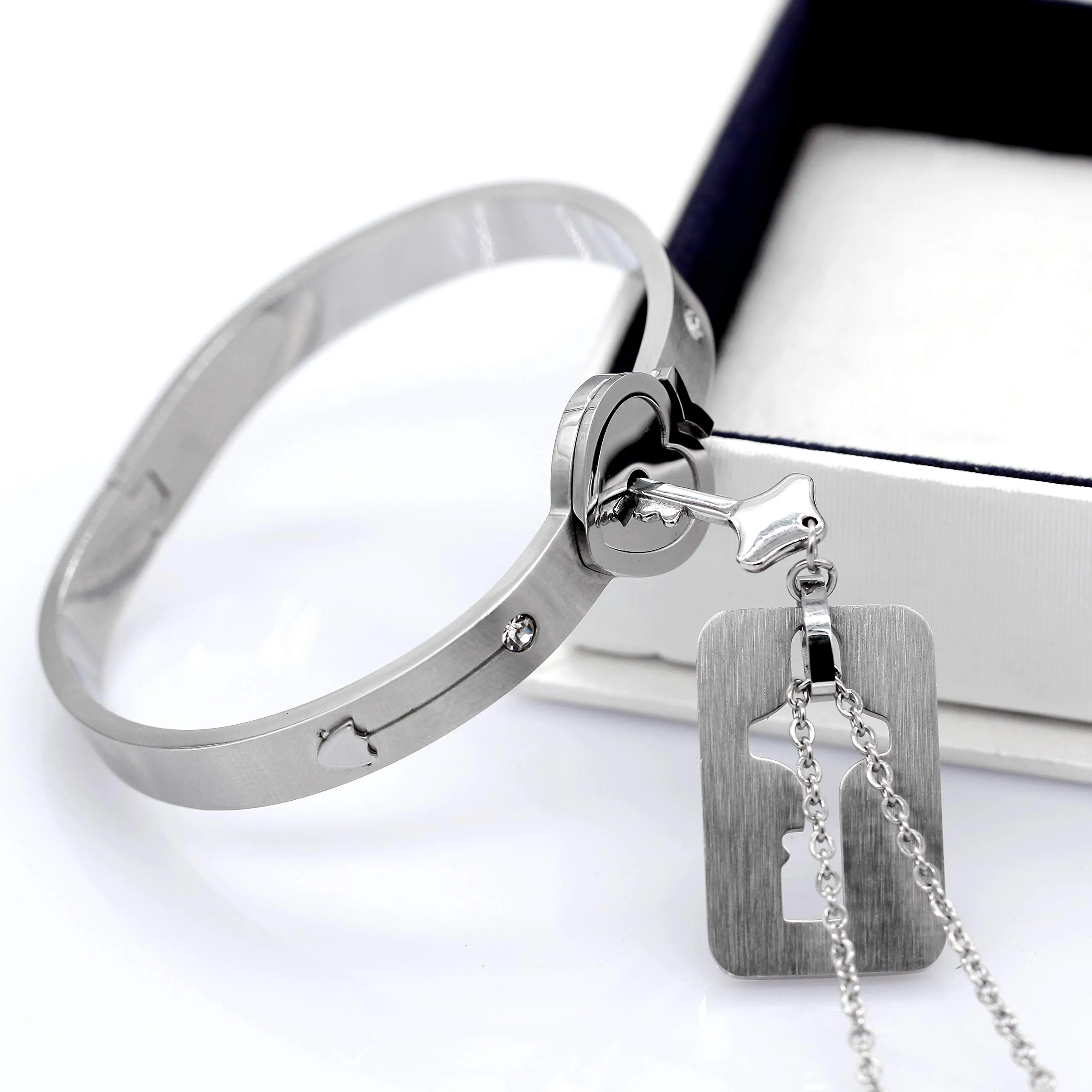 Uloveido Heart Lock Bracelet and Key Necklace Couple Jewelry Set, White, 2.4 inch - immagine 4
