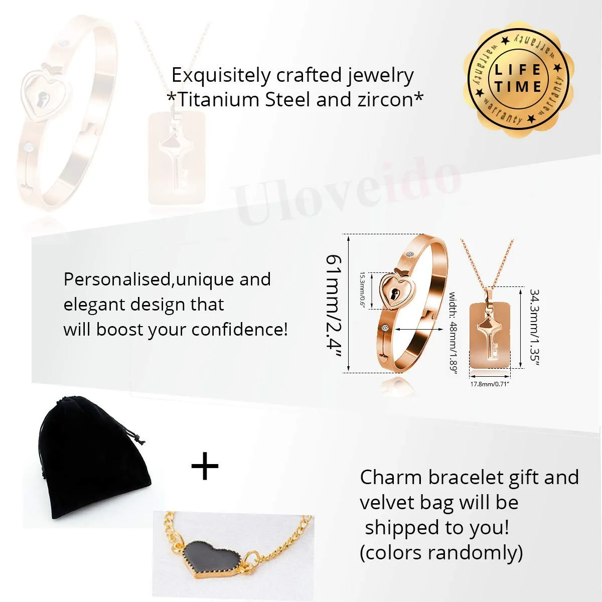 Uloveido Love Heart Key Lock Matching Bangle Bracelet & Pendant Necklace, Rose Gold Plated (2.4 inch) - immagine 7