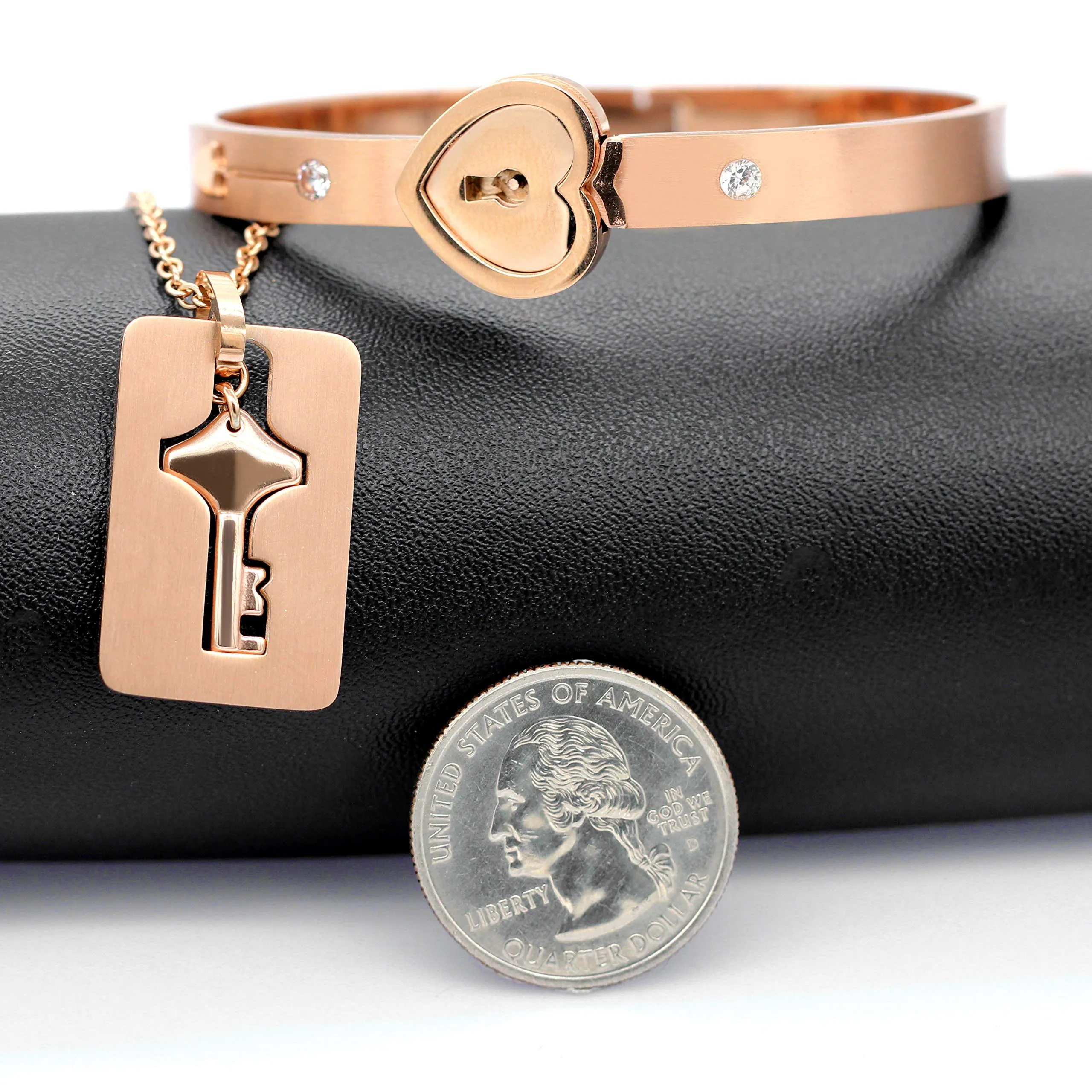 Uloveido Love Heart Key Lock Matching Bangle Bracelet & Pendant Necklace, Rose Gold Plated (2.4 inch) - immagine 8