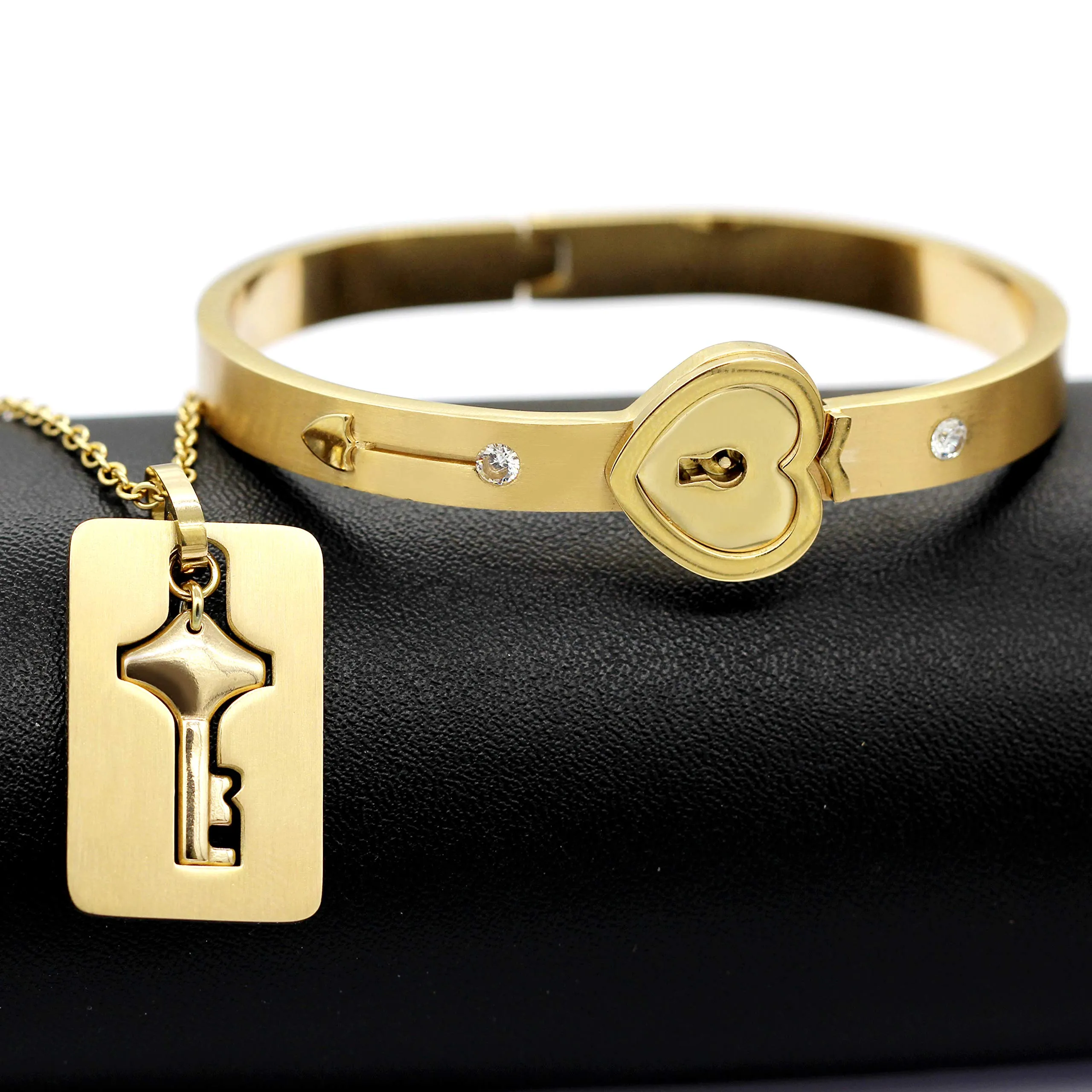 Uloveido Set Bracciale con Lucchetto a Cuore e Collana con Chiave in Acciaio al Titanio, Oro, 2,4 Pollici - immagine 4