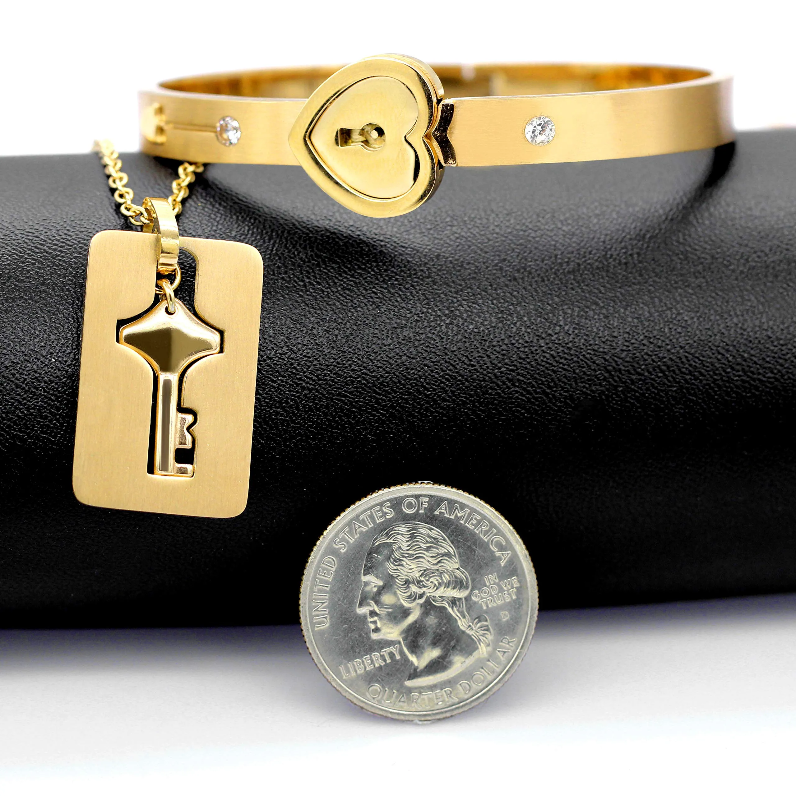 Uloveido Set Bracciale con Lucchetto a Cuore e Collana con Chiave in Acciaio al Titanio, Oro, 2,4 Pollici - immagine 6