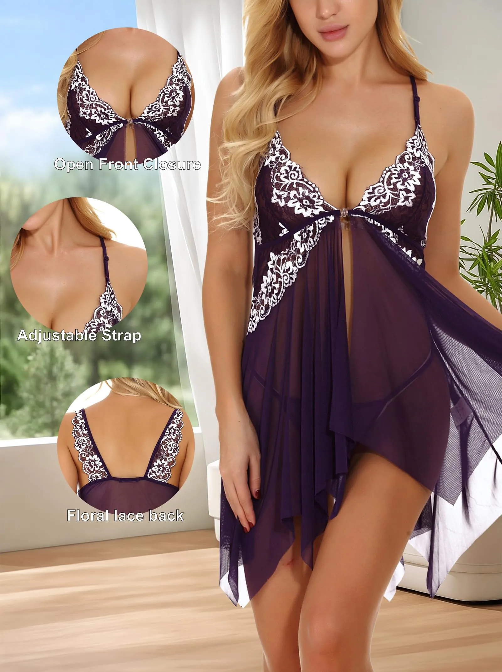 ONGASOFT Lingerie Donna Babydoll in Pizzo Trasparente con Chiusura Frontale e Perizoma, Viola - immagine 3