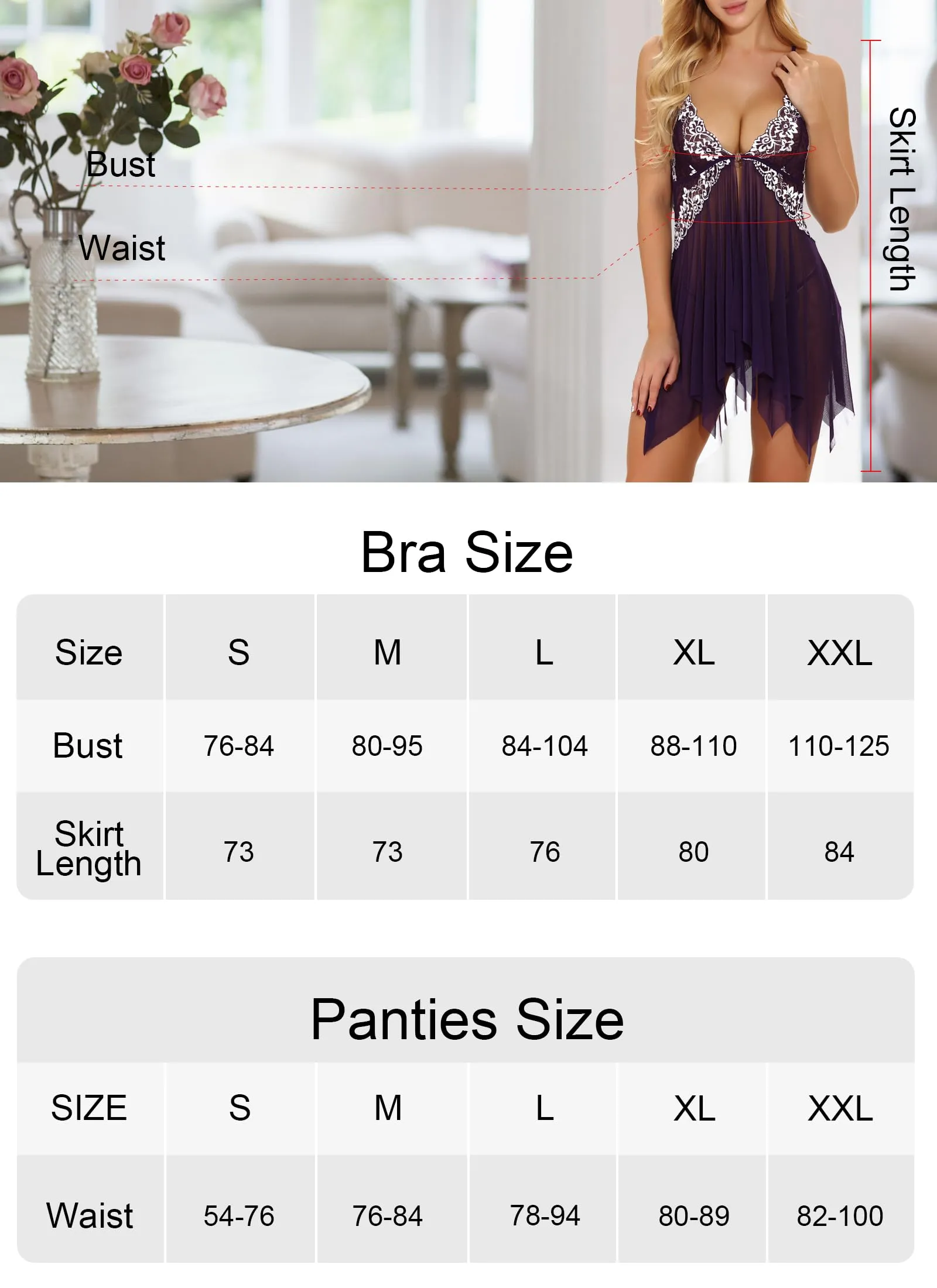 ONGASOFT Lingerie Donna Babydoll in Pizzo Trasparente con Chiusura Frontale e Perizoma, Viola - immagine 4