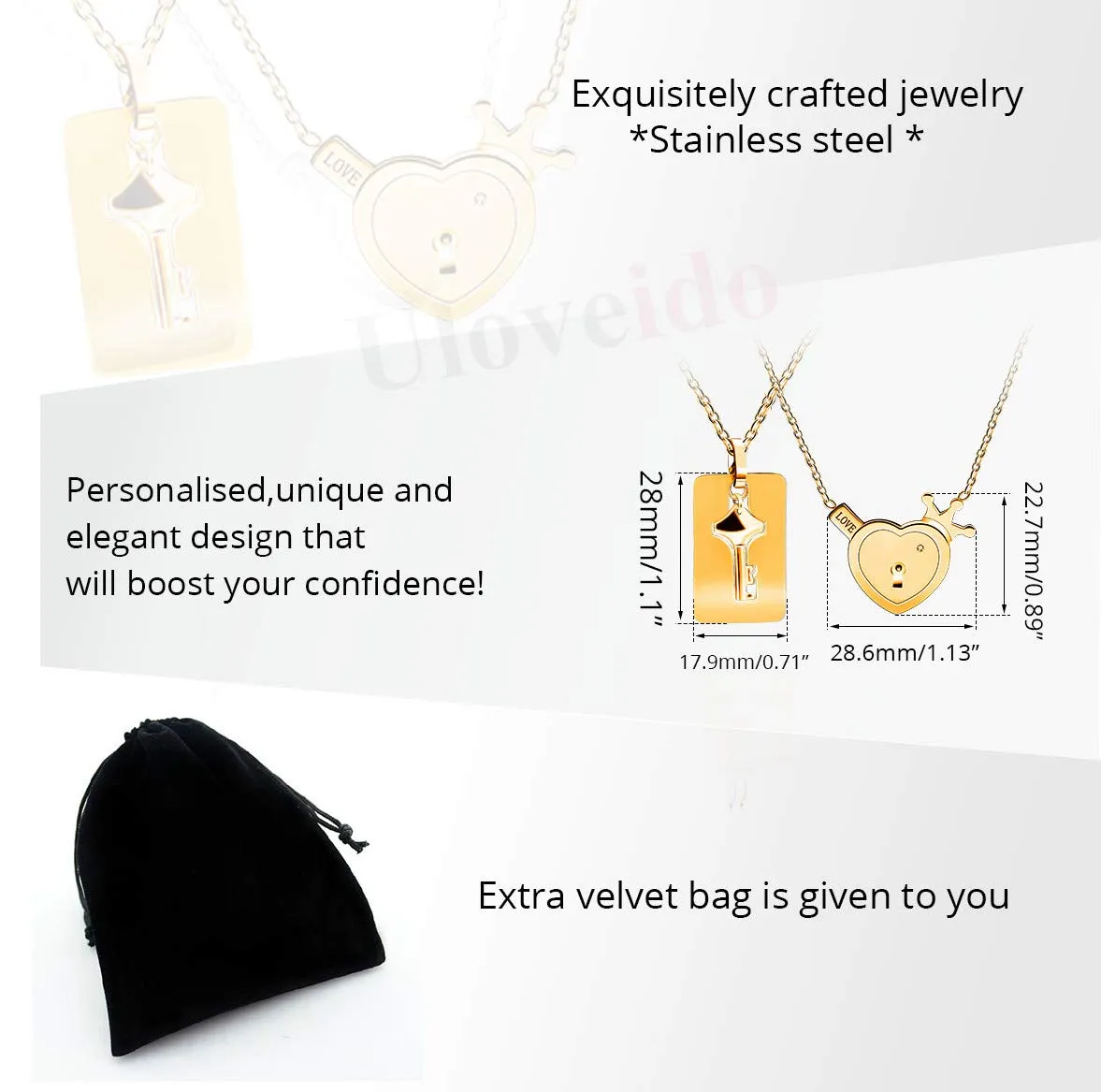 Uloveido Love Heart Lock & Shield Necklace and Key Charm Set for Couples Y844 - immagine 7