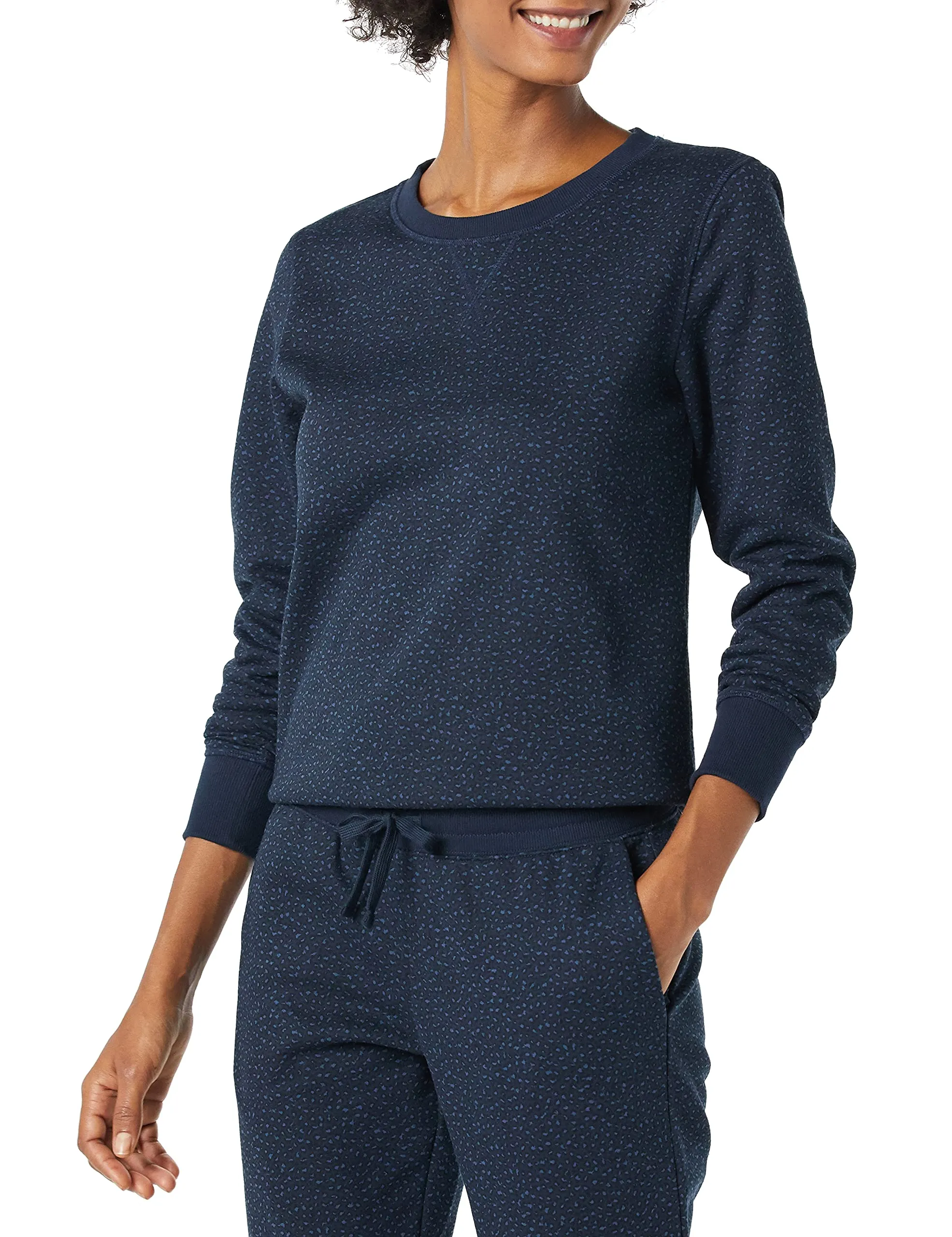 Amazon Essentials Felpa Girocollo da Donna in Pile di Spugna Francese, Blu Navy Ghepardo, S - immagine 1