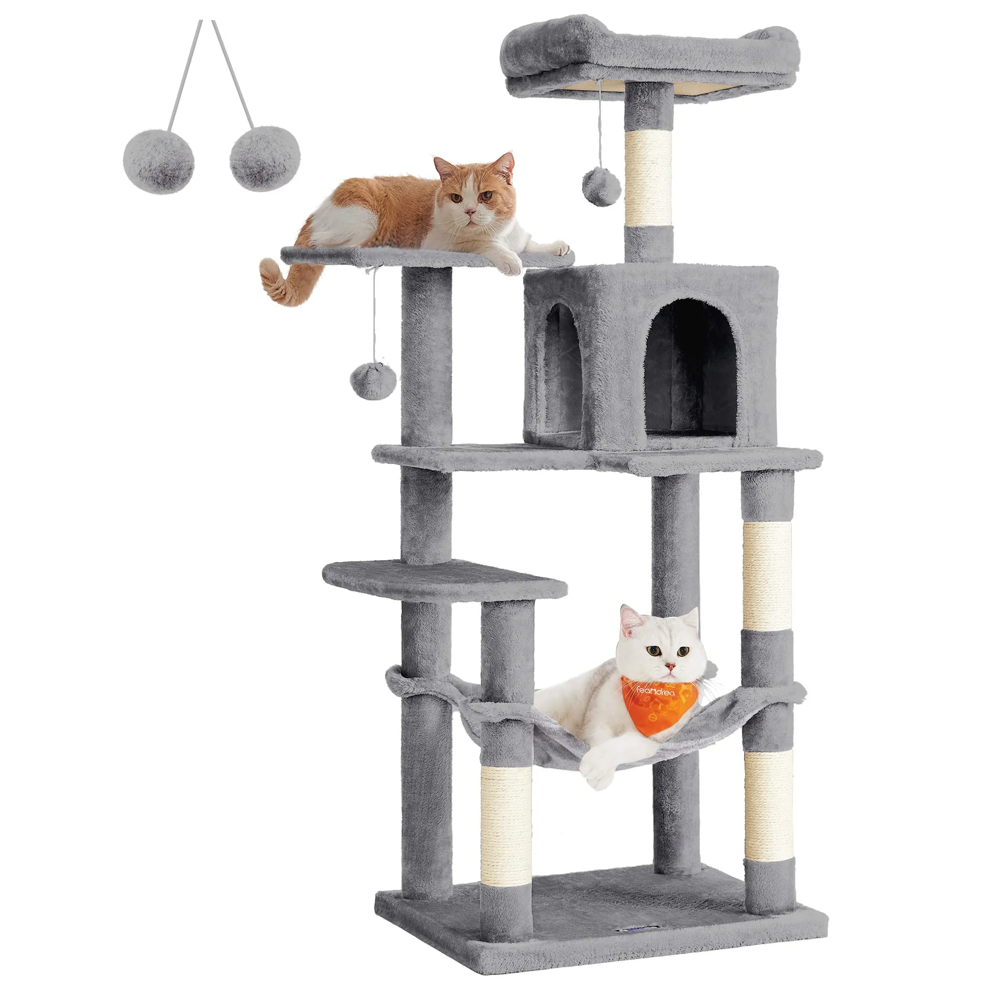 Feandrea Albero per Gatti Multi Livello con 4 Pali Graffiatoi, 143 cm, Grigio Tortora - immagine 1