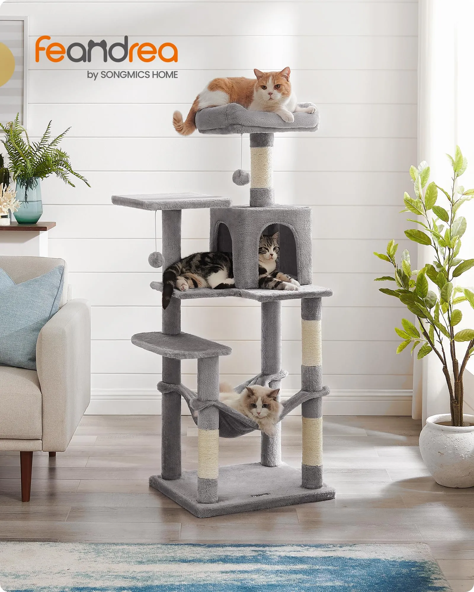 Feandrea Albero per Gatti Multi Livello con 4 Pali Graffiatoi, 143 cm, Grigio Tortora - immagine 2