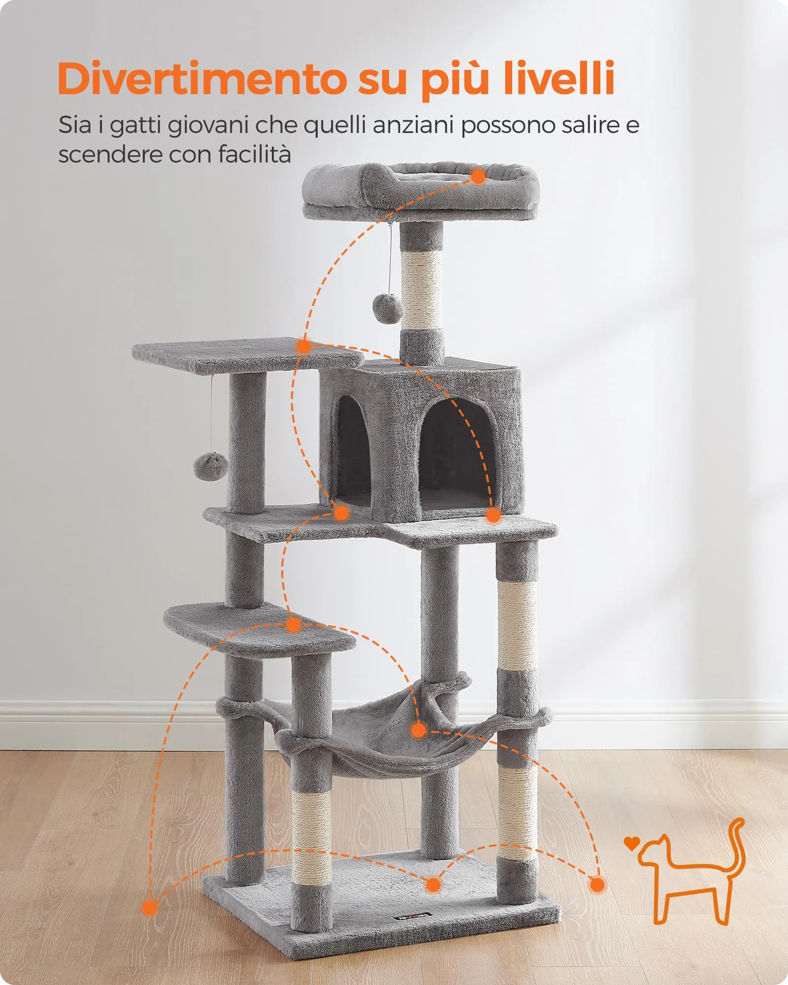 Feandrea Albero per Gatti Multi Livello con 4 Pali Graffiatoi, 143 cm, Grigio Tortora - immagine 3