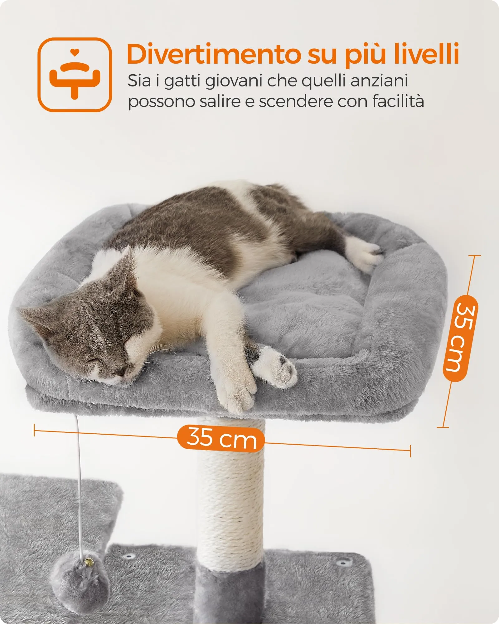 Feandrea Albero per Gatti Multi Livello con 4 Pali Graffiatoi, 143 cm, Grigio Tortora - immagine 4
