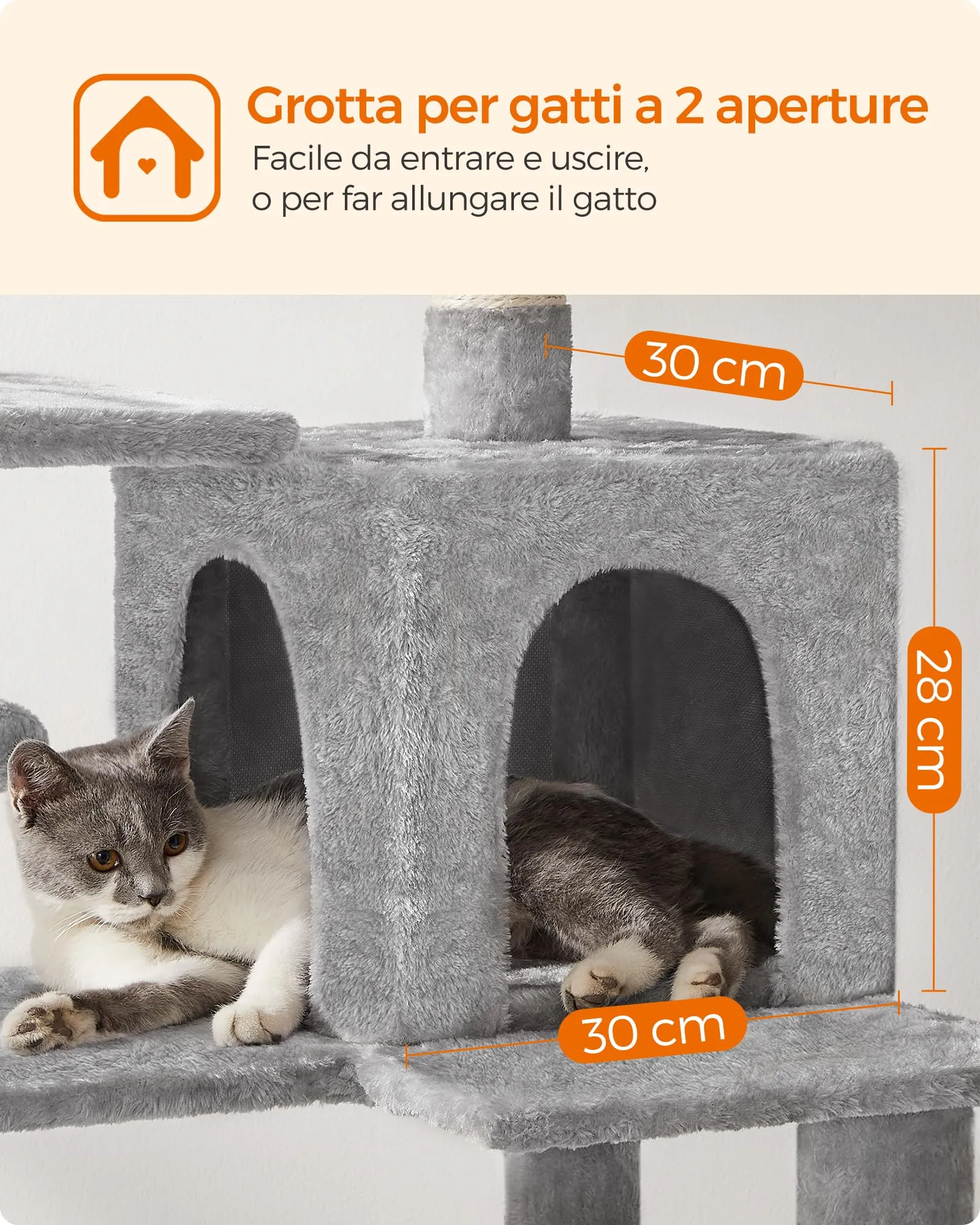 Feandrea Albero per Gatti Multi Livello con 4 Pali Graffiatoi, 143 cm, Grigio Tortora - immagine 5