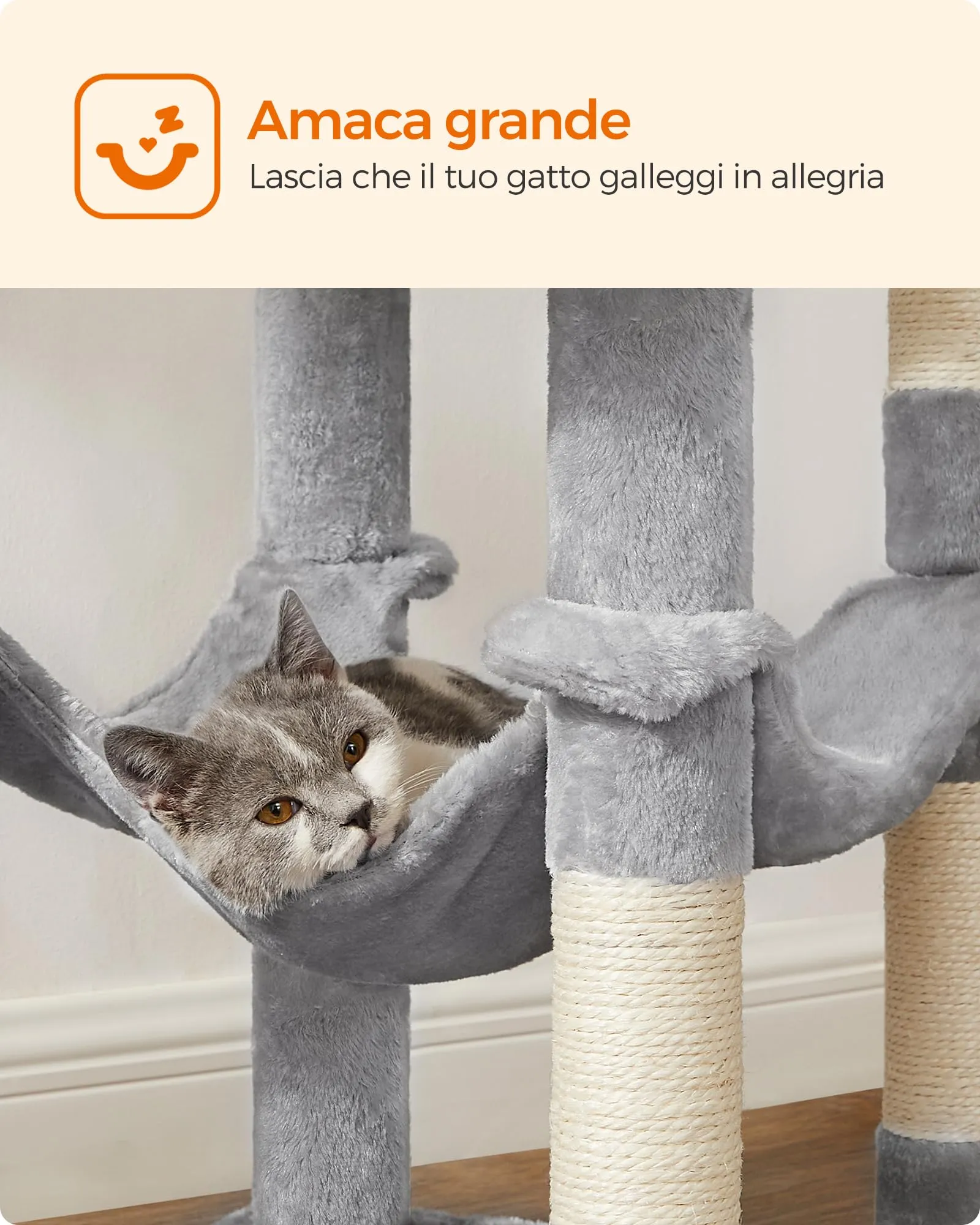 Feandrea Albero per Gatti Multi Livello con 4 Pali Graffiatoi, 143 cm, Grigio Tortora - immagine 6