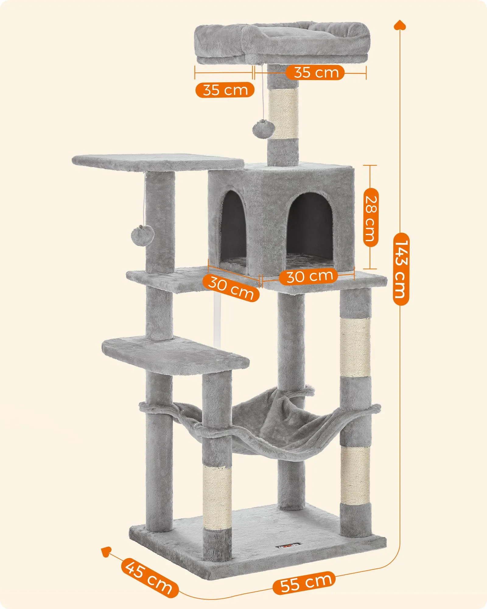 Feandrea Albero per Gatti Multi Livello con 4 Pali Graffiatoi, 143 cm, Grigio Tortora - immagine 7