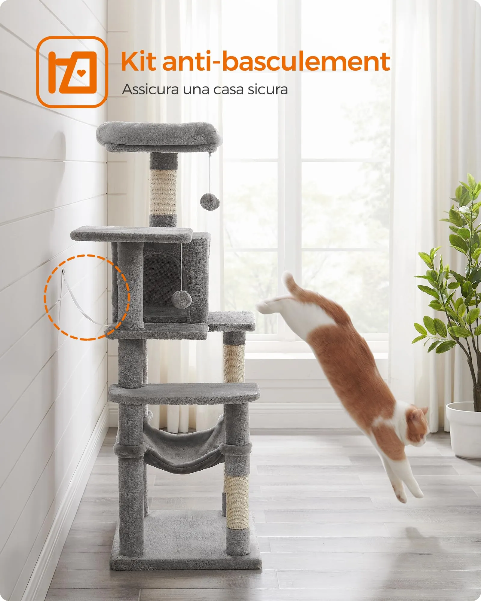 Feandrea Albero per Gatti Multi Livello con 4 Pali Graffiatoi, 143 cm, Grigio Tortora - immagine 8