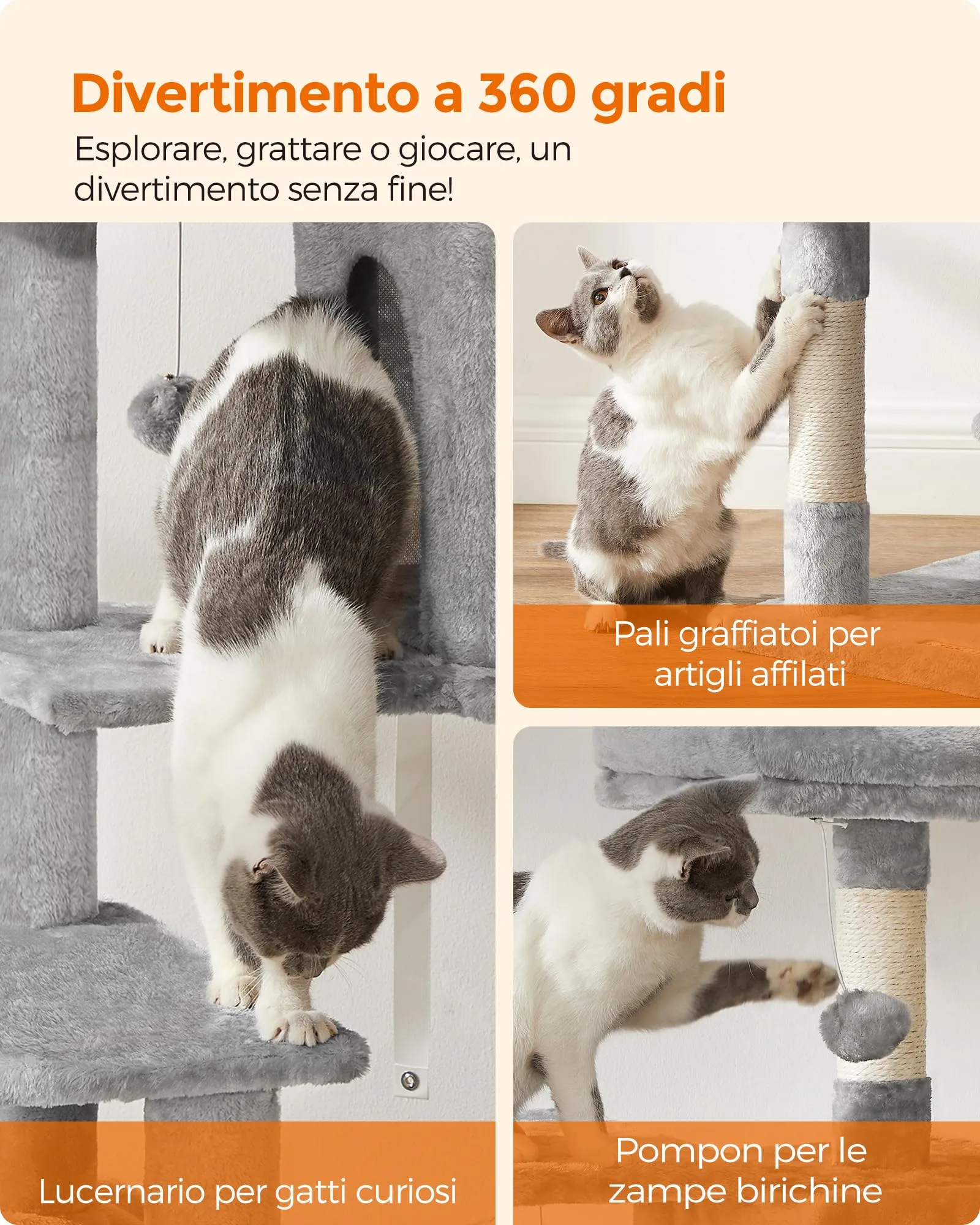 Feandrea Albero per Gatti Multi Livello con 4 Pali Graffiatoi, 143 cm, Grigio Tortora - immagine 10