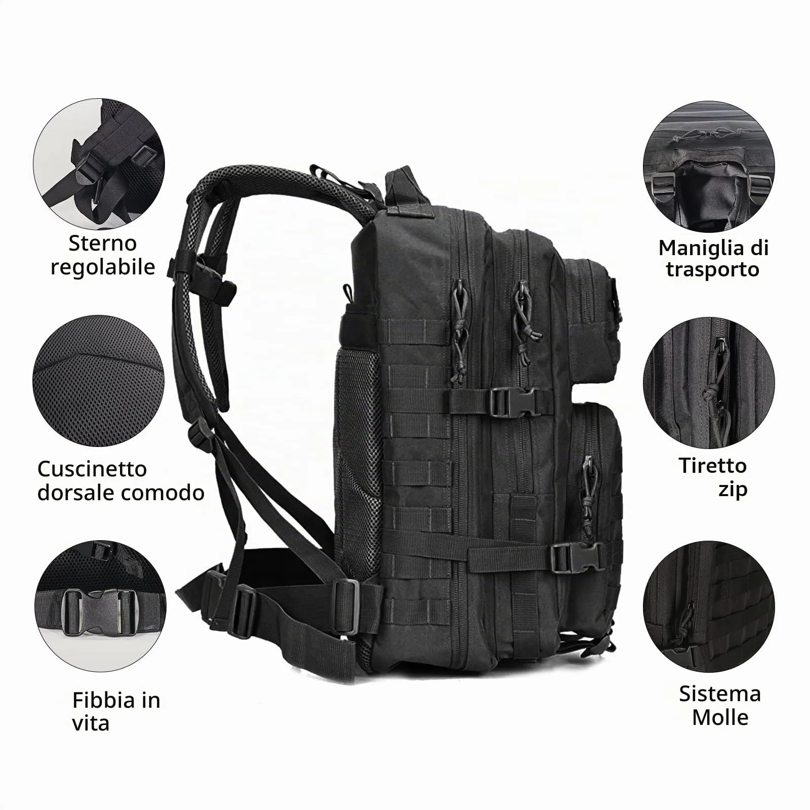 Oreunik Zaino Militare Tattico Impermeabile 45L Molle per Trekking e Campeggio, Nero - immagine 2