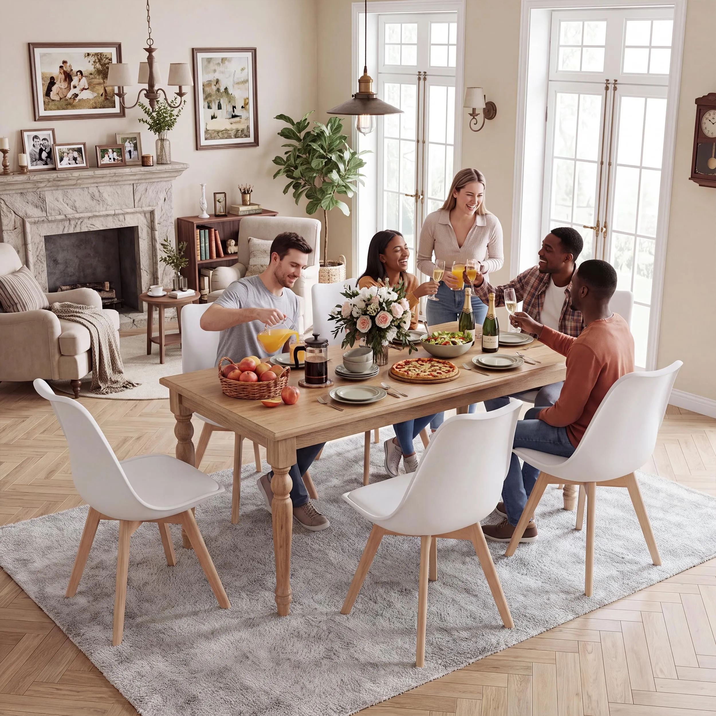 GrandCA HOME Set di 6 Sedie Imbottite con Gambe in Legno di Faggio, Bianco - immagine 2