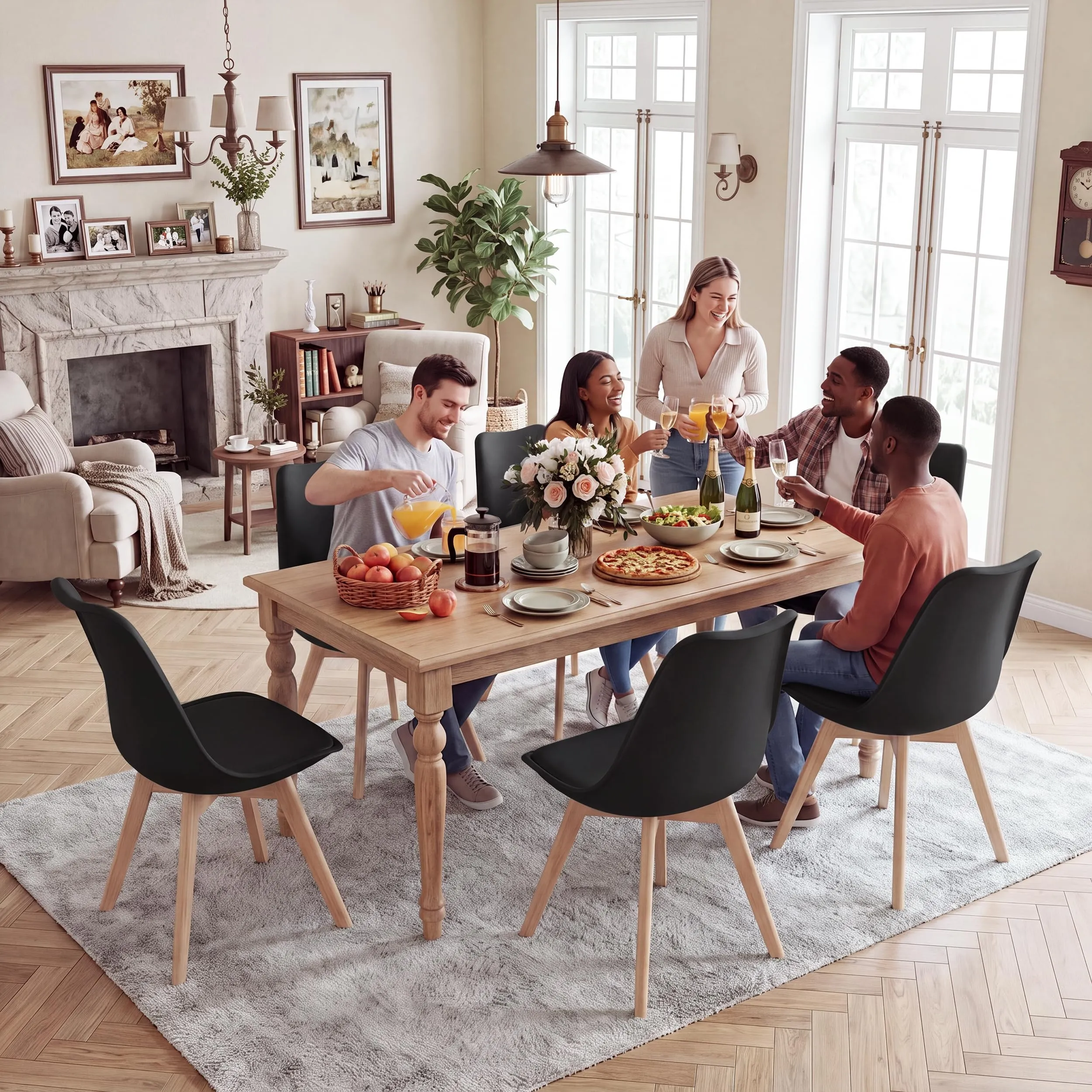 GrandCA HOME Set di 6 Sedie Imbottite con Gambe in Legno di Faggio, Nero - immagine 2