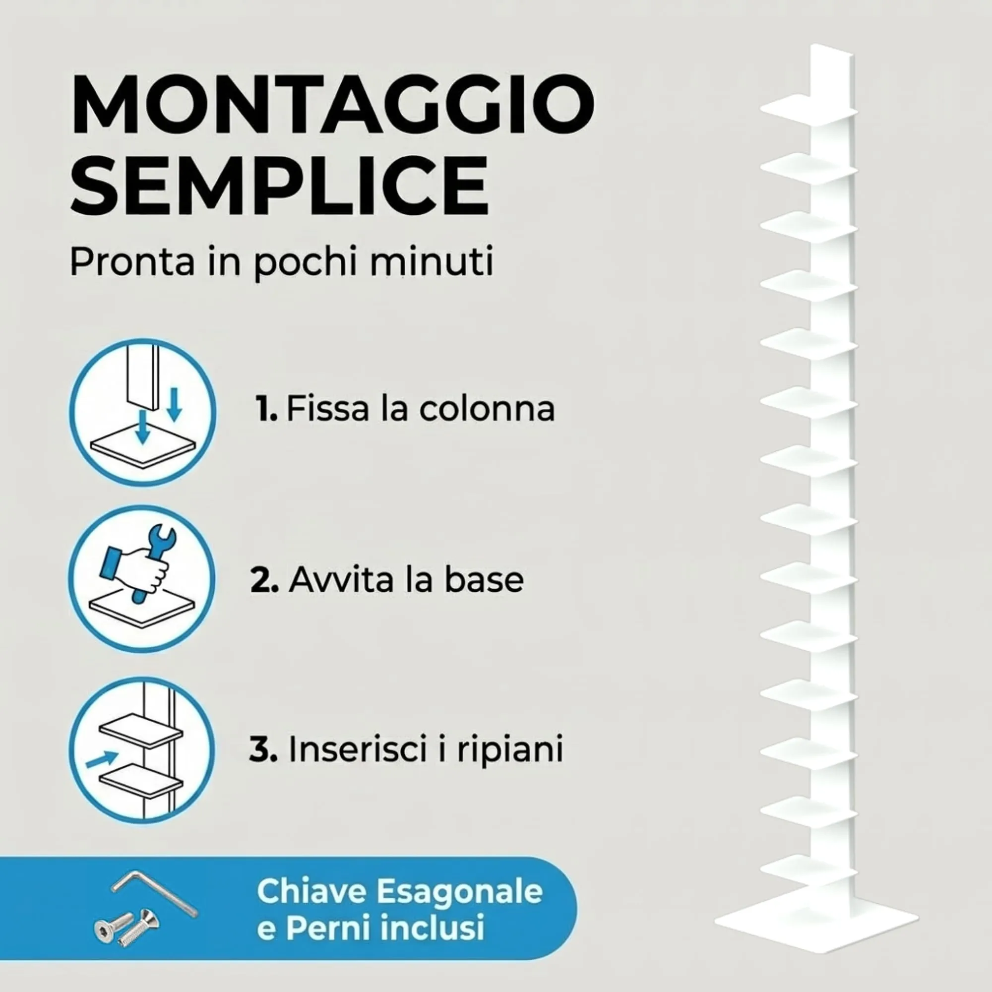 Flo.mar Libreria a Colonna Bianca con 14 Ripiani 20x15cm, Base in Metallo 35x35 cm, Altezza 214 cm - immagine 4