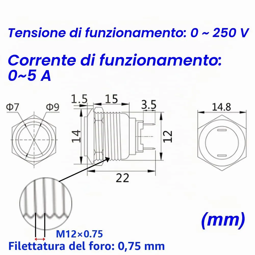 Gebildet 10Pcs 12mm Acciaio Inossidabile Pulsante Momentaneo 2A 12V-250V Impermeabile Testa Piatta - immagine 2