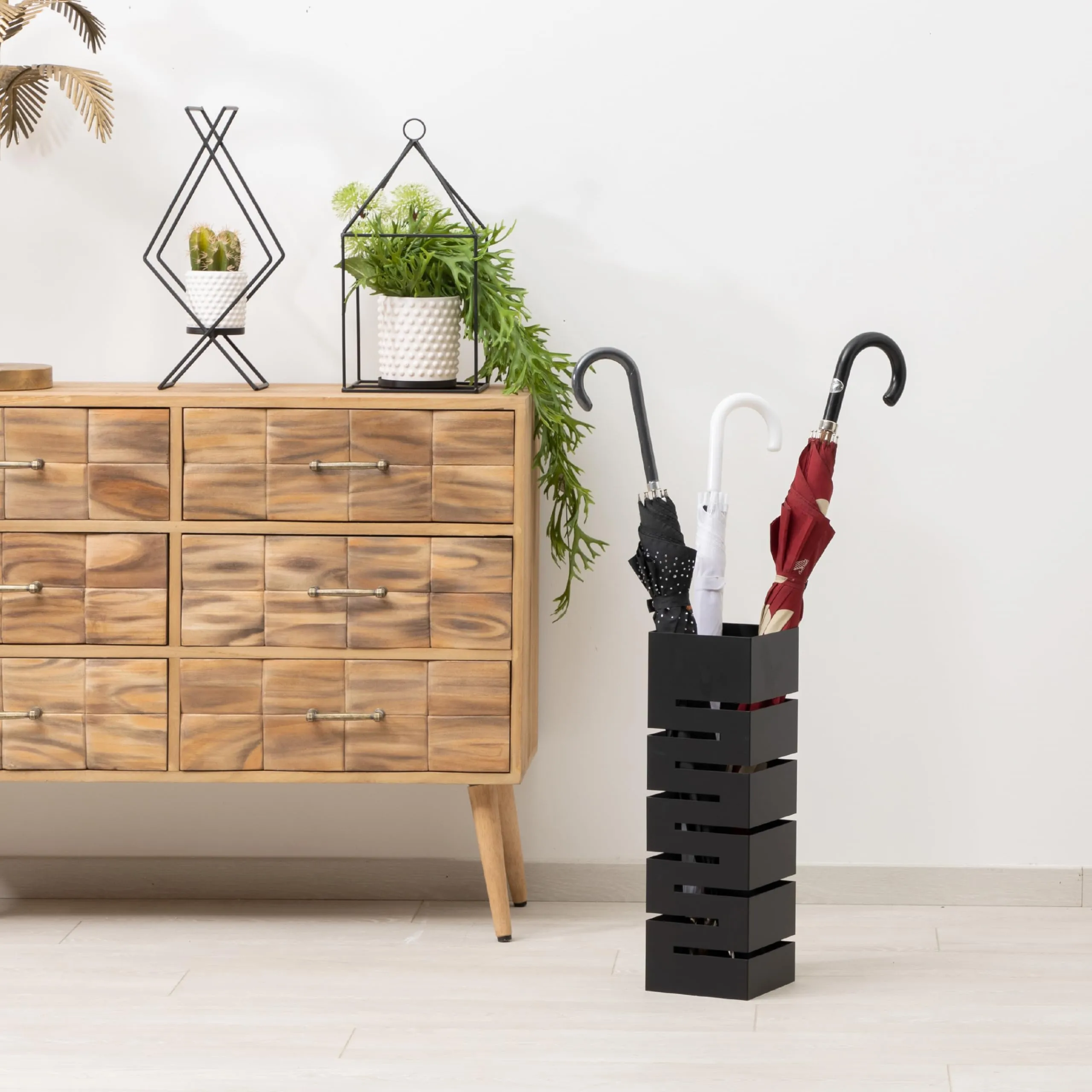 Baroni Home Portaombrelli in Metallo Nero Geometrico con 2 Gancini e Vaschetta Scolapioggia Rimovibile, 15,5x15,5x49 cm - immagine 2