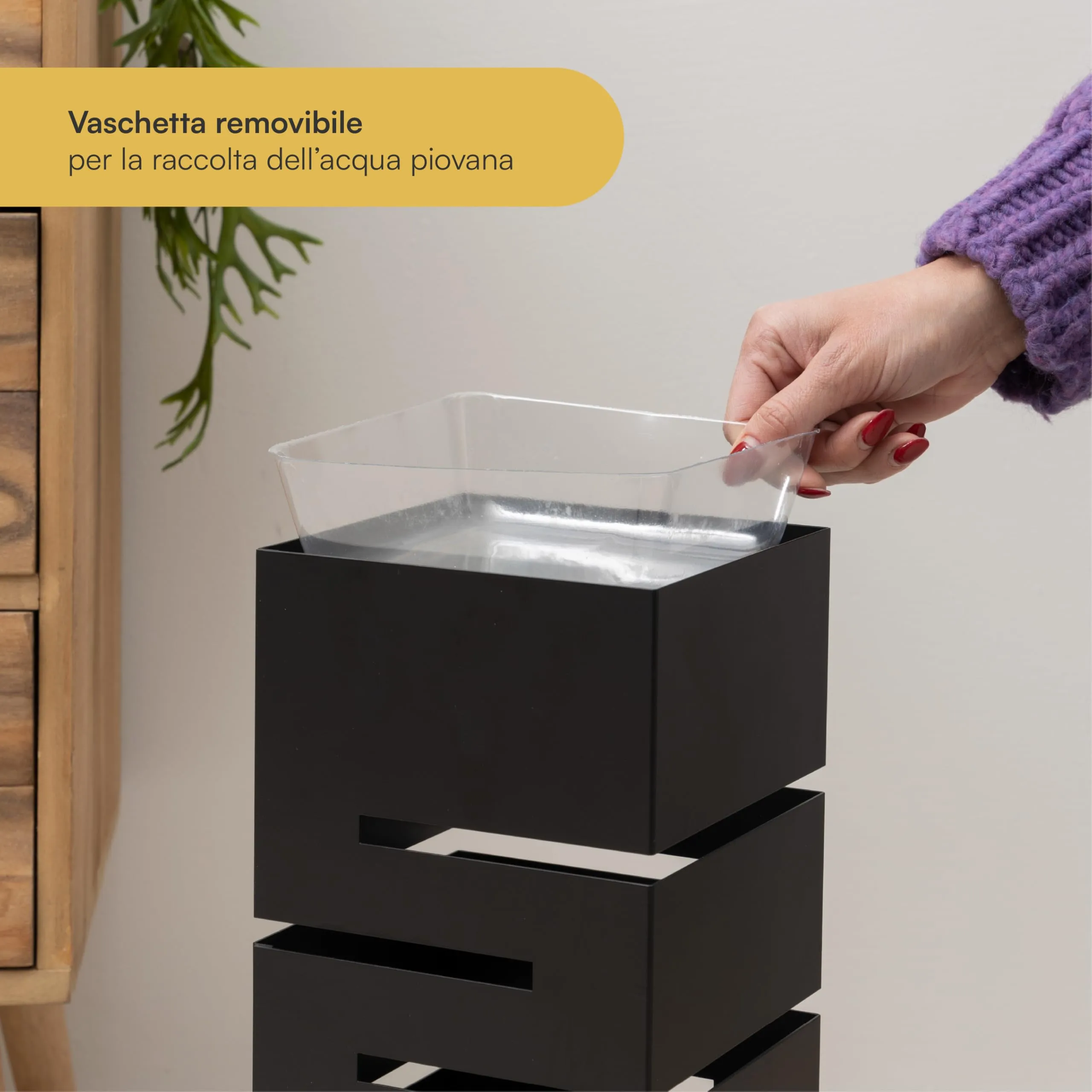 Baroni Home Portaombrelli in Metallo Nero Geometrico con 2 Gancini e Vaschetta Scolapioggia Rimovibile, 15,5x15,5x49 cm - immagine 5