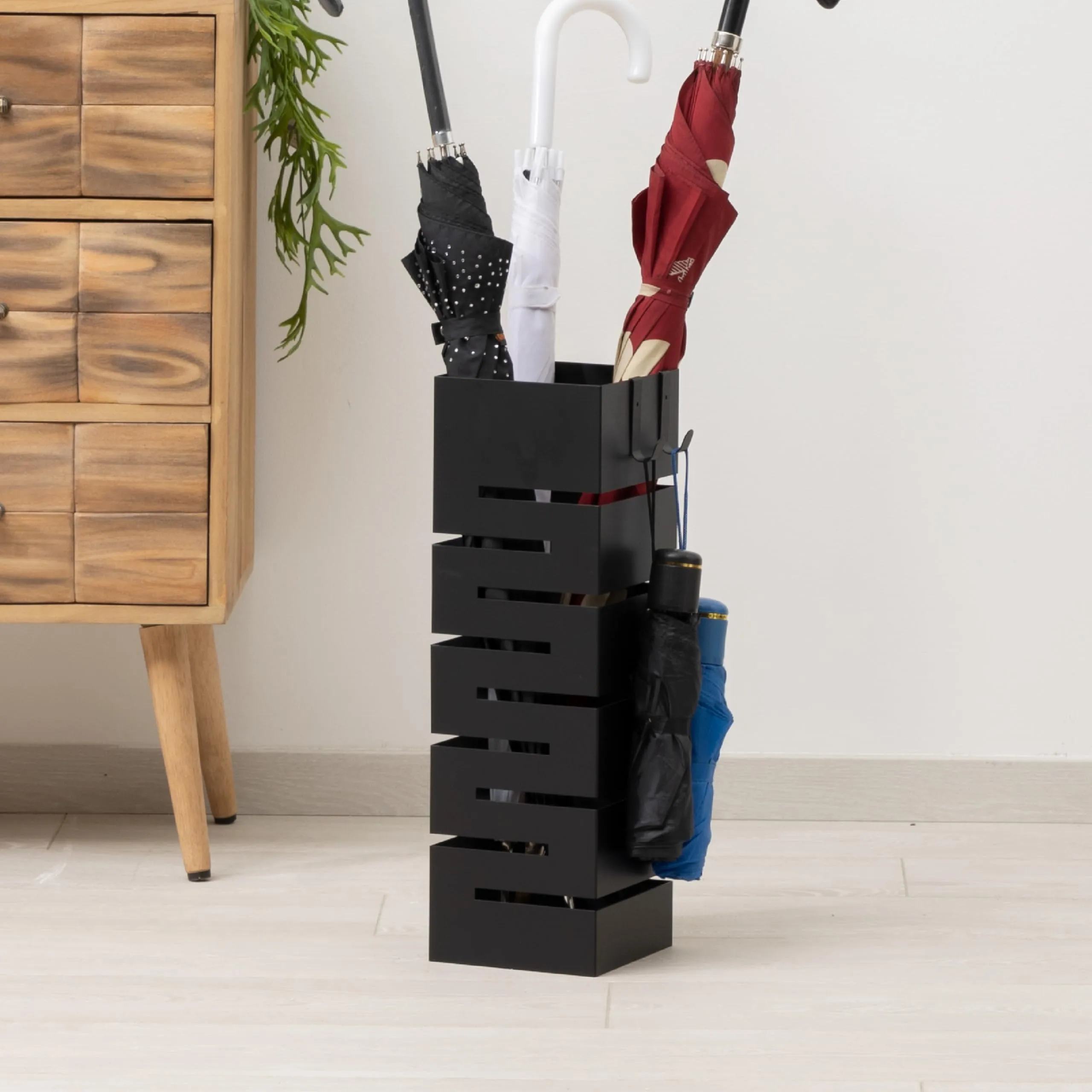 Baroni Home Portaombrelli in Metallo Nero Geometrico con 2 Gancini e Vaschetta Scolapioggia Rimovibile, 15,5x15,5x49 cm - immagine 7