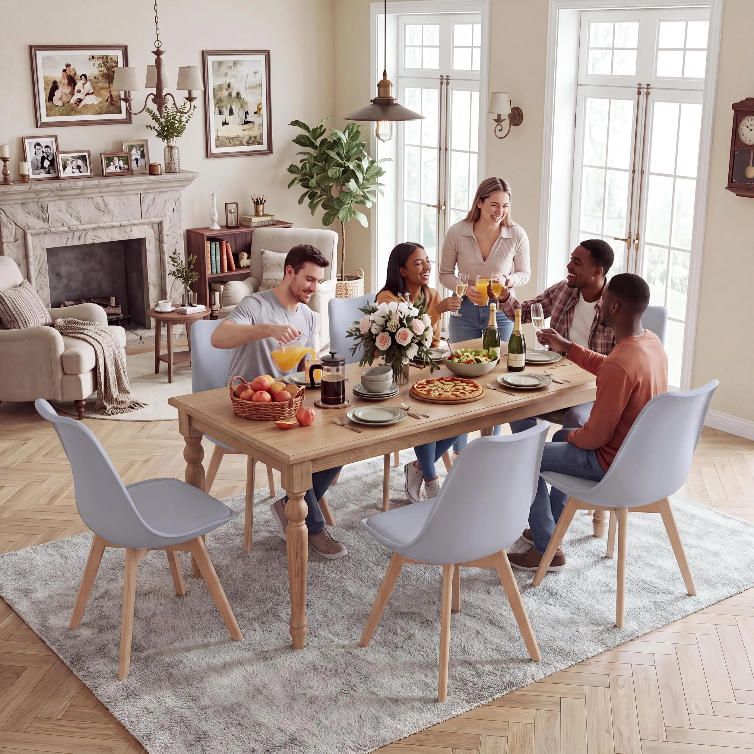 GrandCA HOME Set di 6 Sedie Imbottite per Sala da Pranzo in Legno di Faggio, Grigio - immagine 2