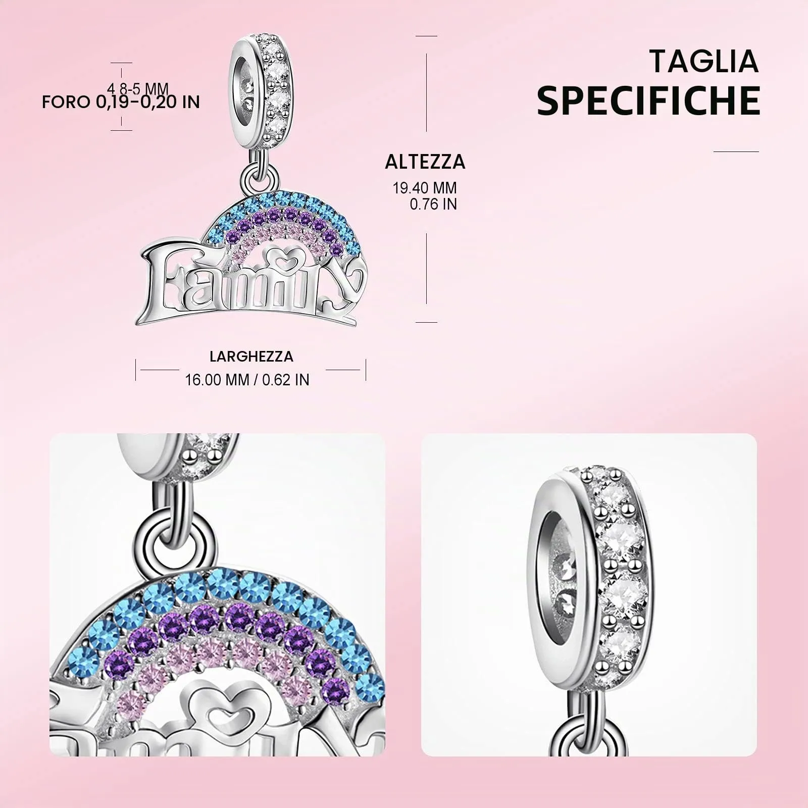NINGAN Perline pendenti in argento sterling charm a forma di cuore Amo la famiglia per braccialetti da donna - immagine 3