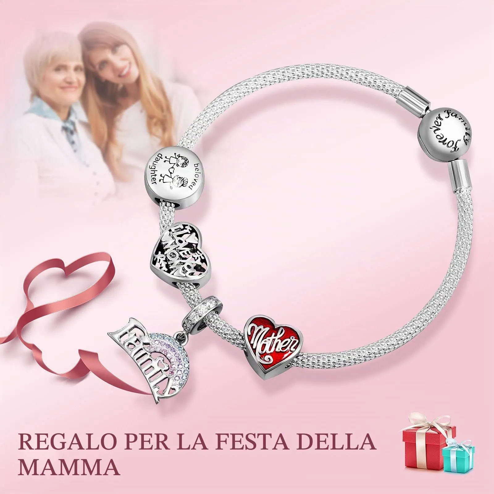 NINGAN Perline pendenti in argento sterling charm a forma di cuore Amo la famiglia per braccialetti da donna - immagine 6
