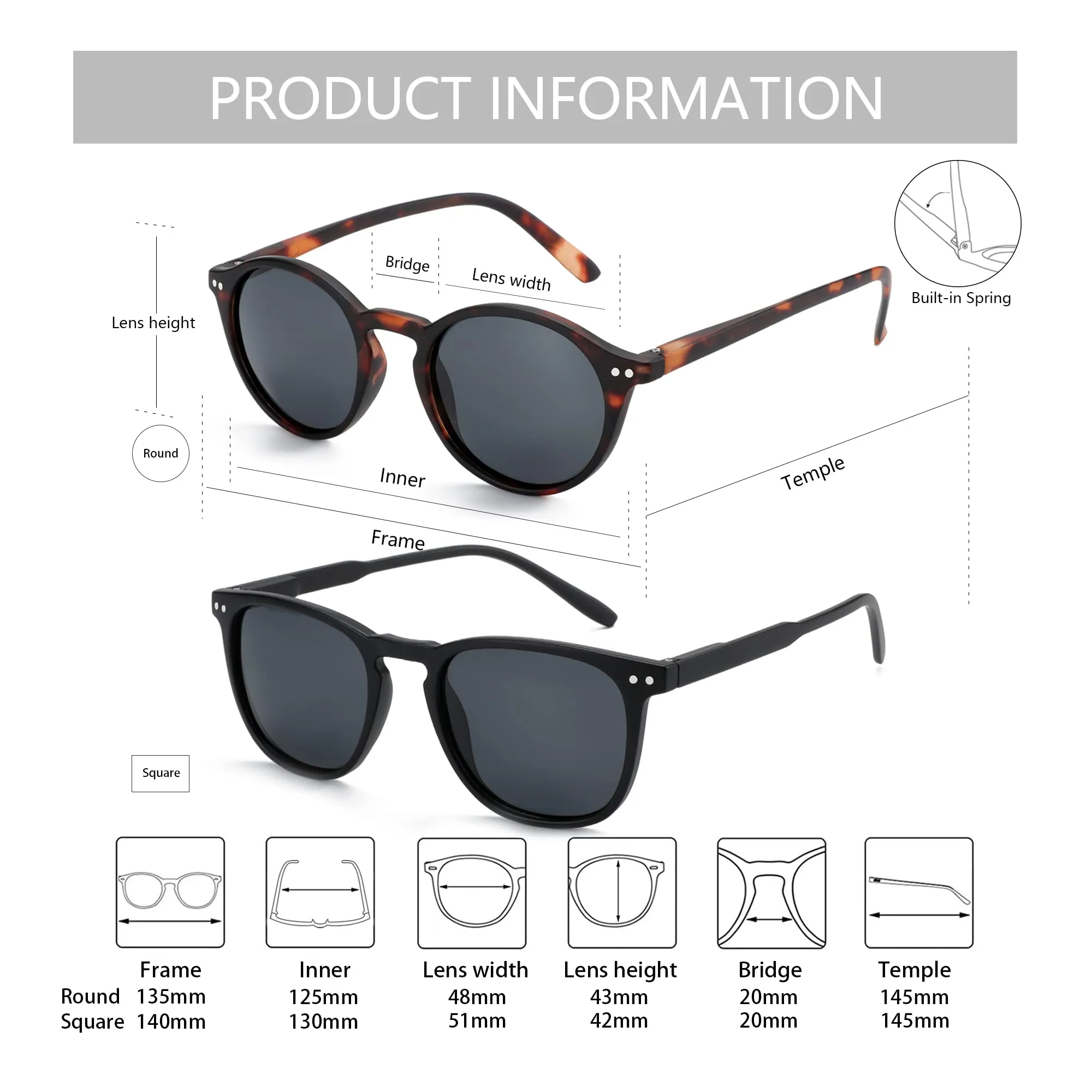 ZENOTTIC Occhiali da Sole Polarizzati Retro Vintage Rotondi e Quadrati Protezione UV400 Unisex, 2 Paia - immagine 6