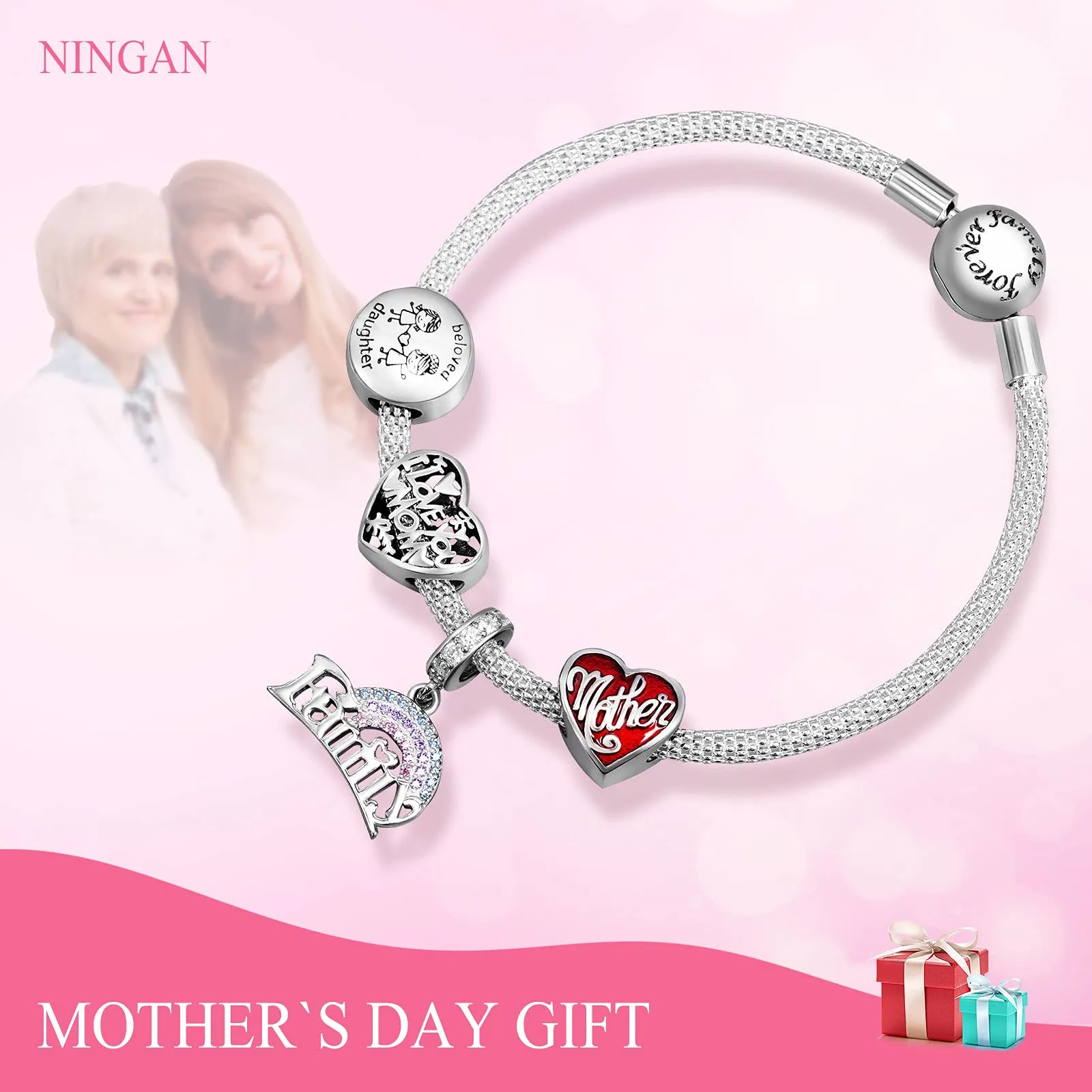 NINGAN Ciondolo a Cuore in Argento Sterling con Scritta Figlia Amata per Braccialetti da Donna - immagine 6