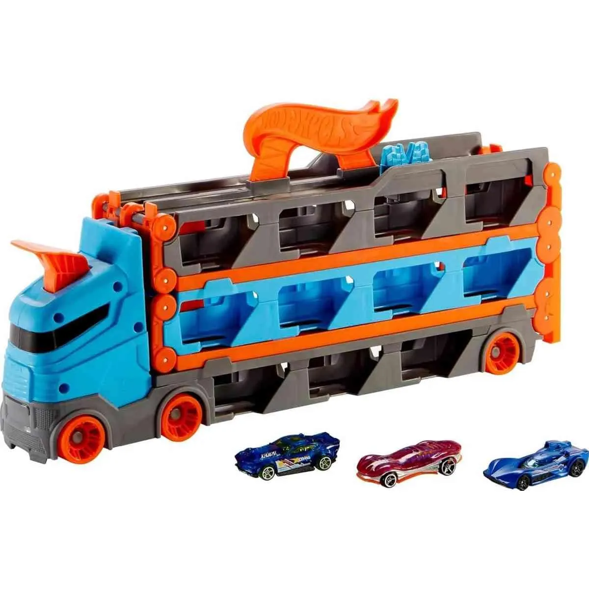 Hot Wheels Speedway Hauler Camion 2 in 1 Trasportatore e Pista con 3 auto scala 1:64 - immagine 4