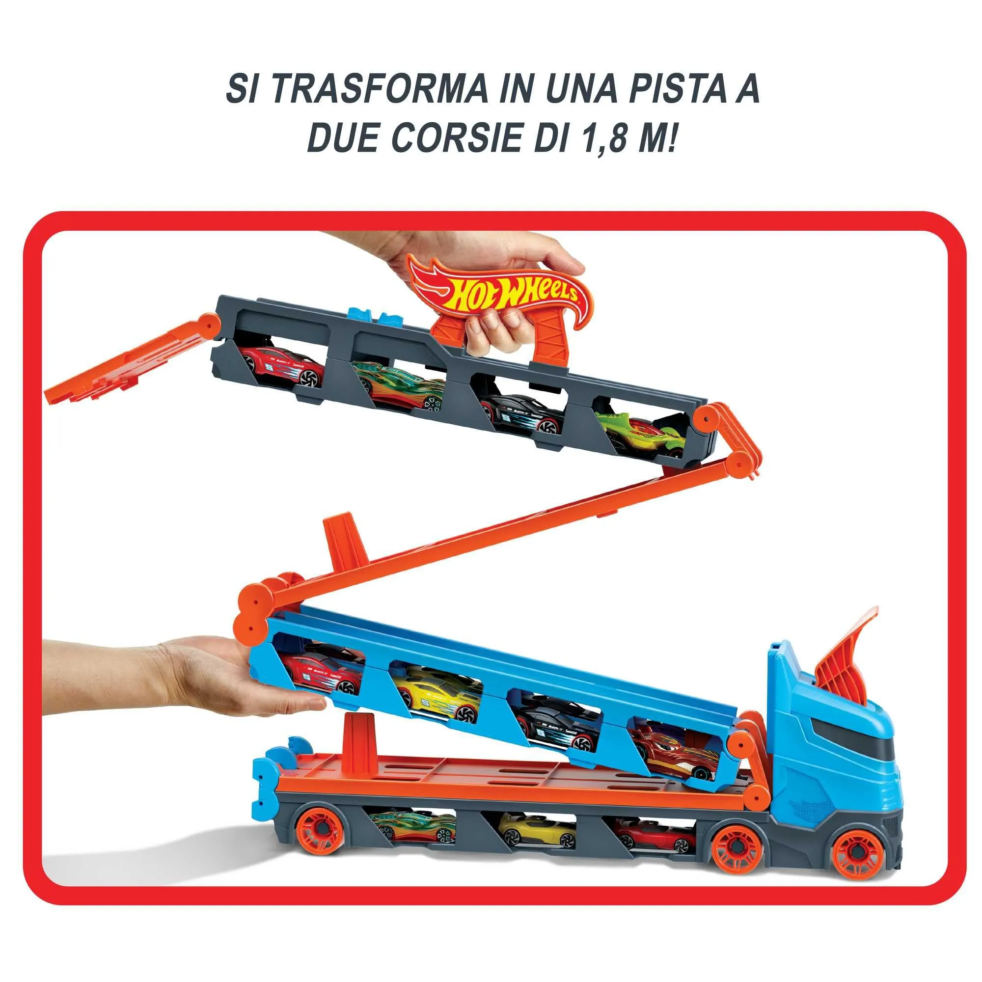 Hot Wheels Speedway Hauler Camion 2 in 1 Trasportatore e Pista con 3 auto scala 1:64 - immagine 6