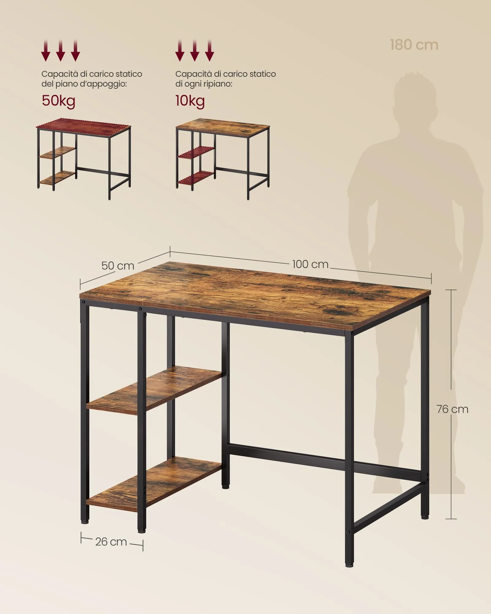 VASAGLE Scrivania per Computer, 100 x 50 x 76 cm, Marrone Vintage e Nero LWD046B01 - immagine 6