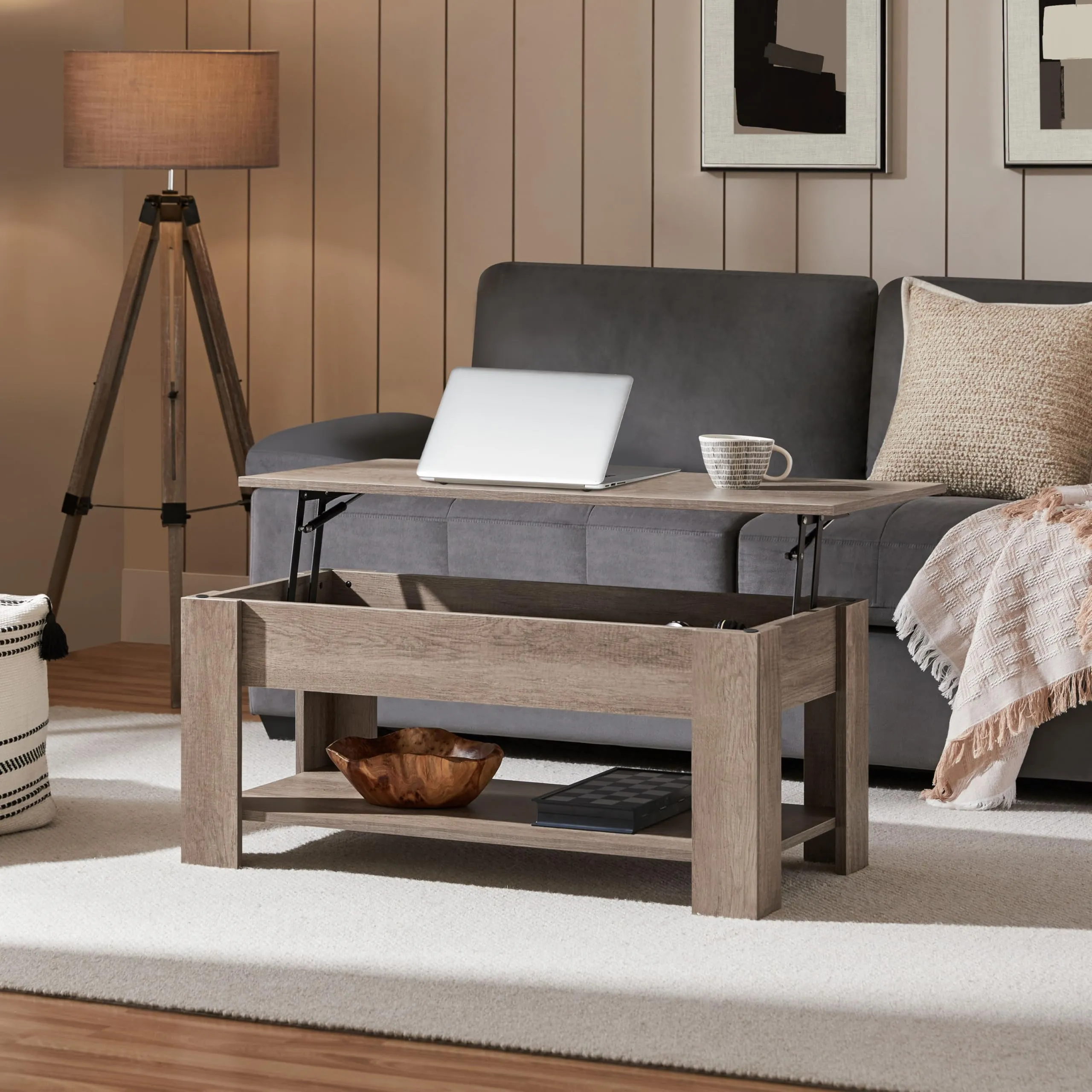 Yaheetech Tavolino da Caffè Sollevabile, 98 x 50 x 42-56 cm, Grigio - immagine 2