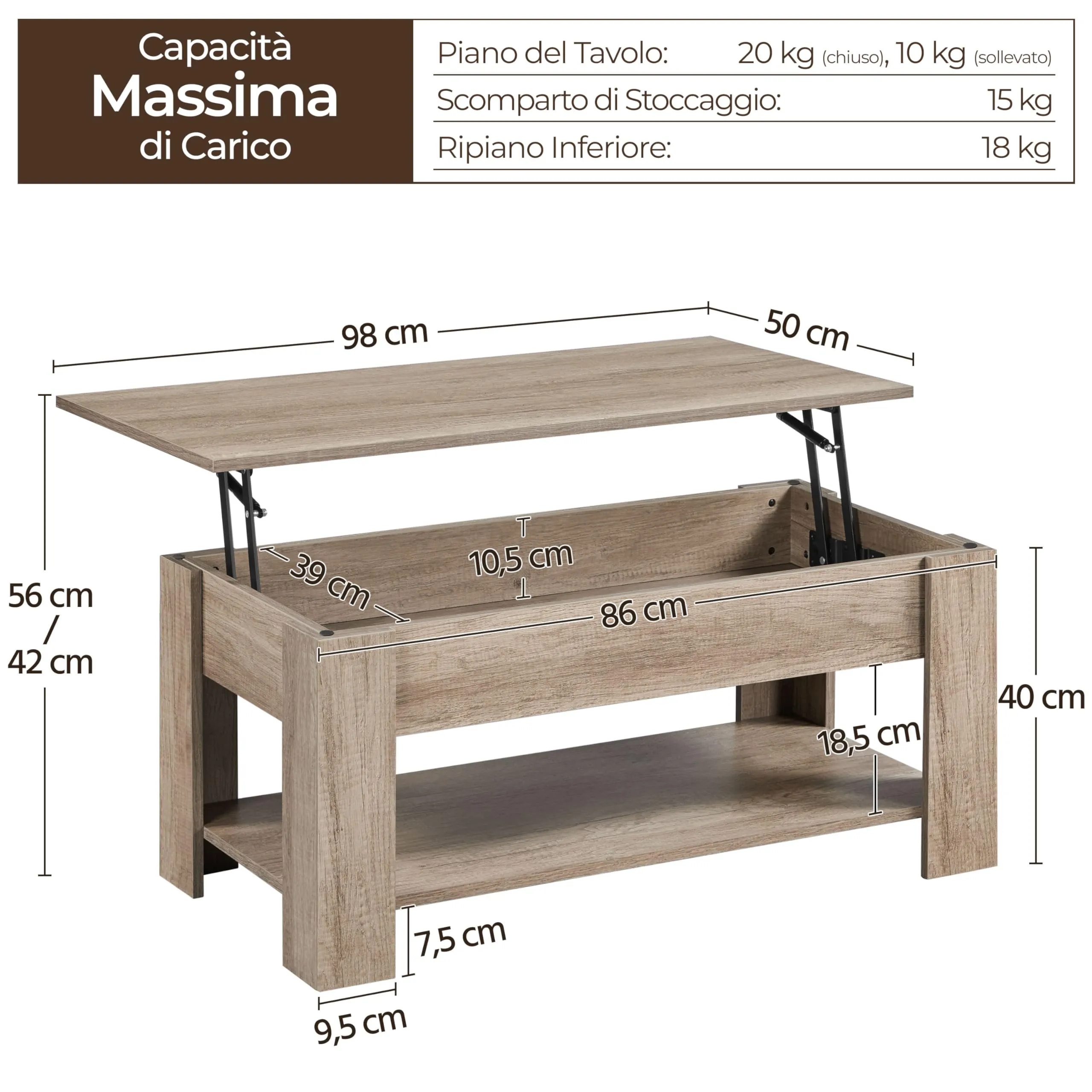 Yaheetech Tavolino da Caffè Sollevabile, 98 x 50 x 42-56 cm, Grigio - immagine 3