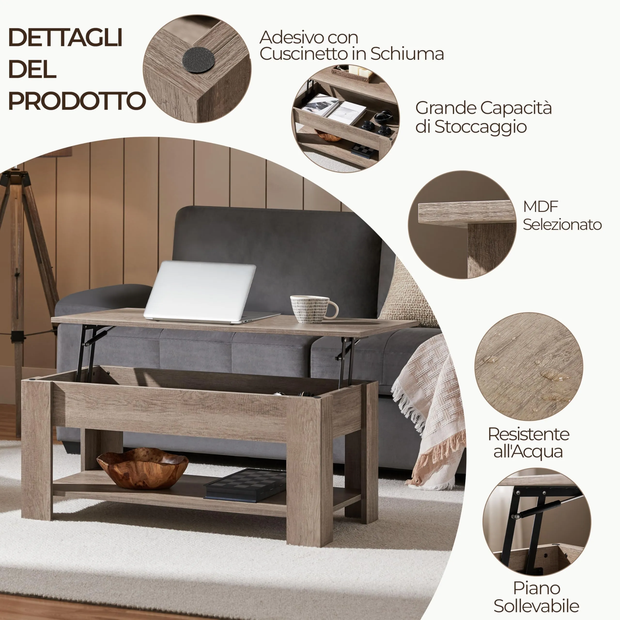 Yaheetech Tavolino da Caffè Sollevabile, 98 x 50 x 42-56 cm, Grigio - immagine 4