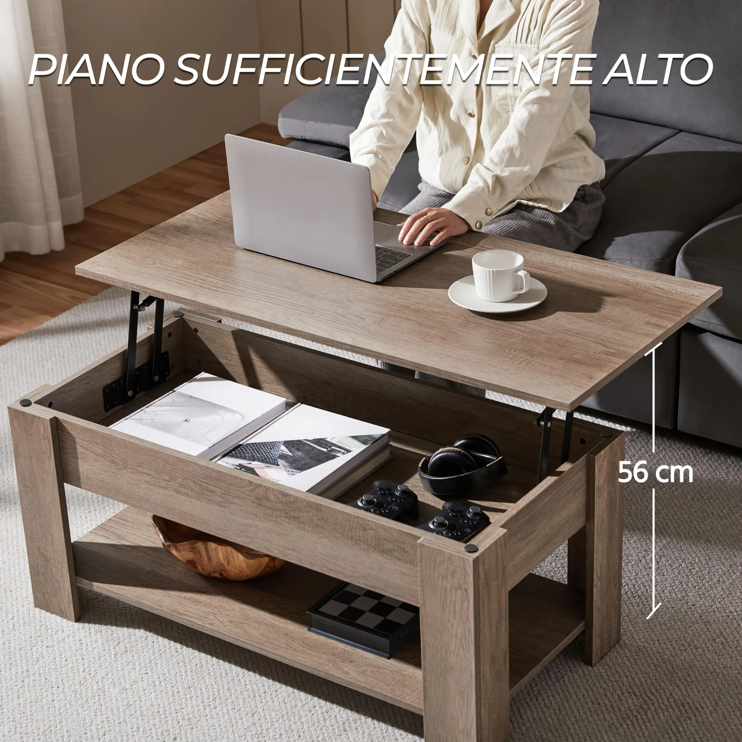 Yaheetech Tavolino da Caffè Sollevabile, 98 x 50 x 42-56 cm, Grigio - immagine 8