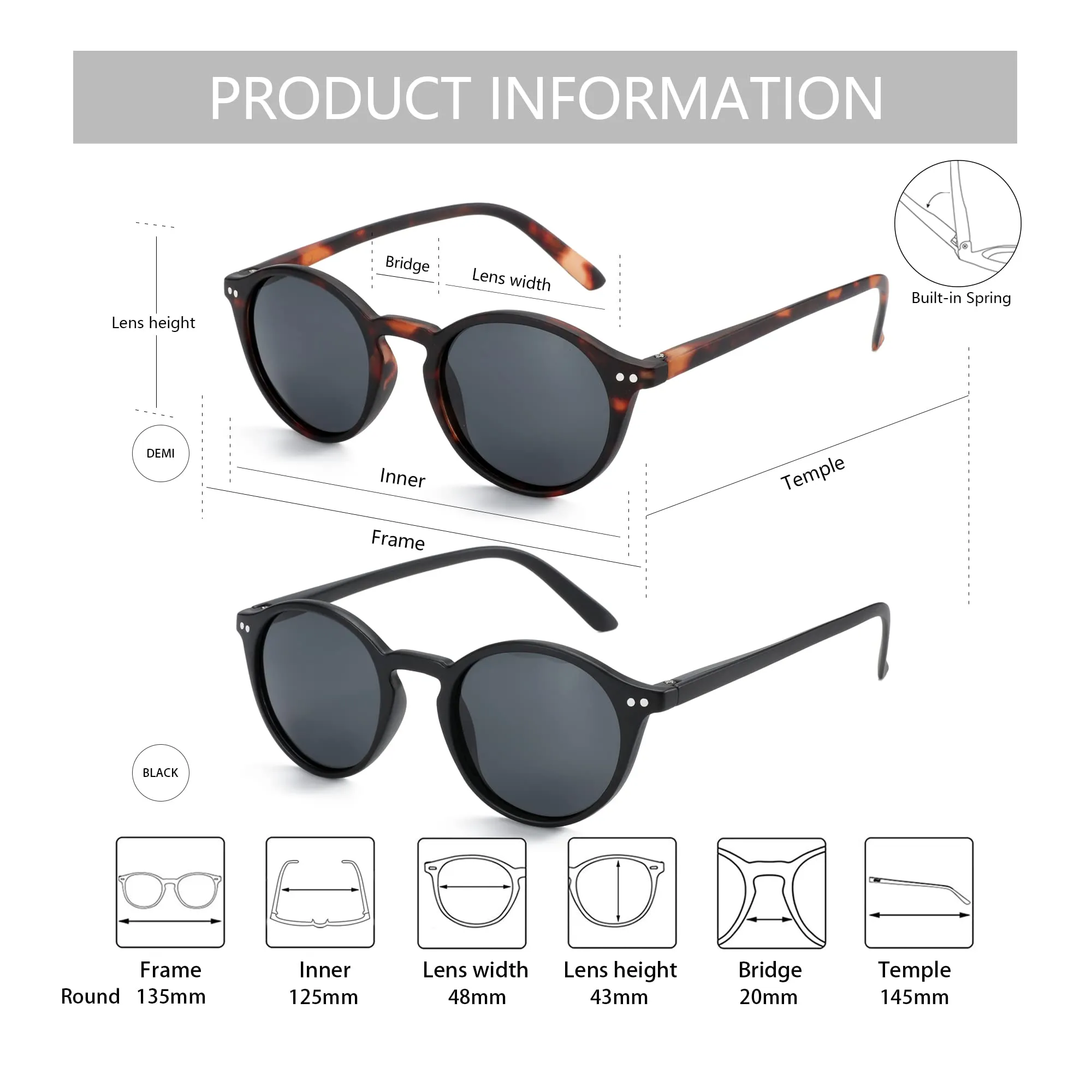 ZENOTTIC 2 Paia Occhiali da Sole Polarizzati UV400 Retro Vintage Rotondi e Quadrati Unisex - immagine 7