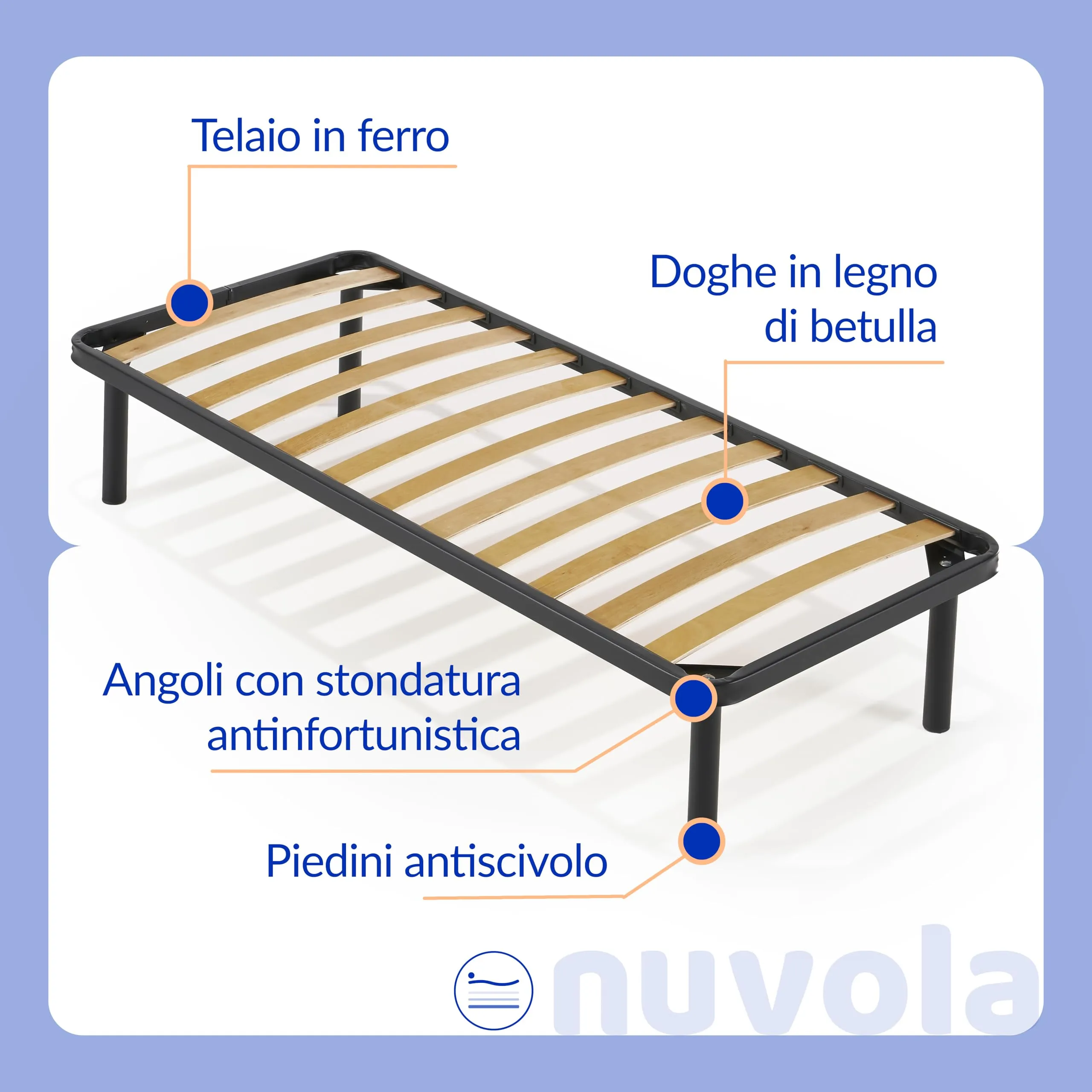 NUVOLA Atena - Rete Letto Singolo 90x190 Ortopedica con Doghe in Legno e Struttura in Ferro - immagine 4