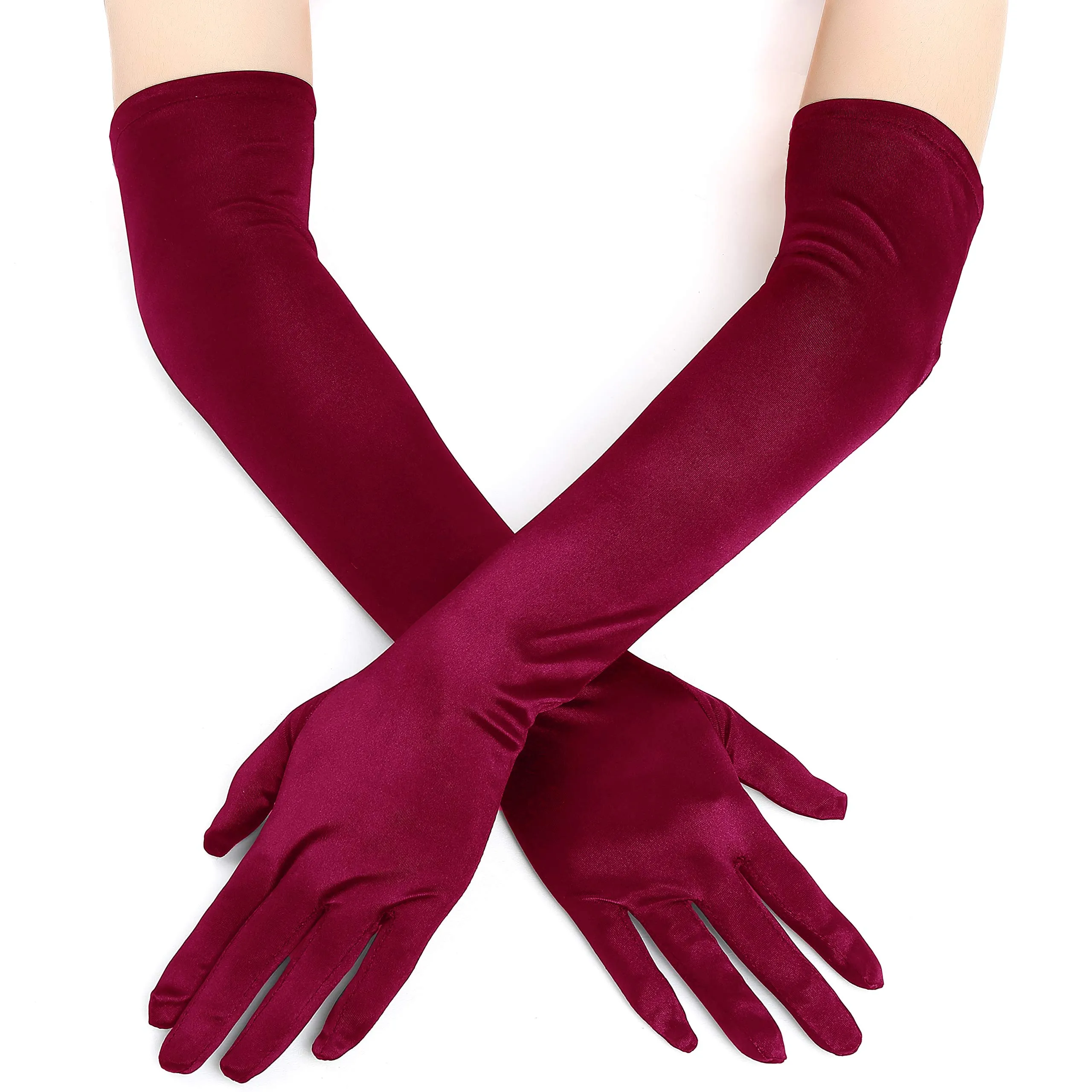 EORUBE Guanti lunghi in raso stile anni '20 per donna, vino rosso - immagine 2