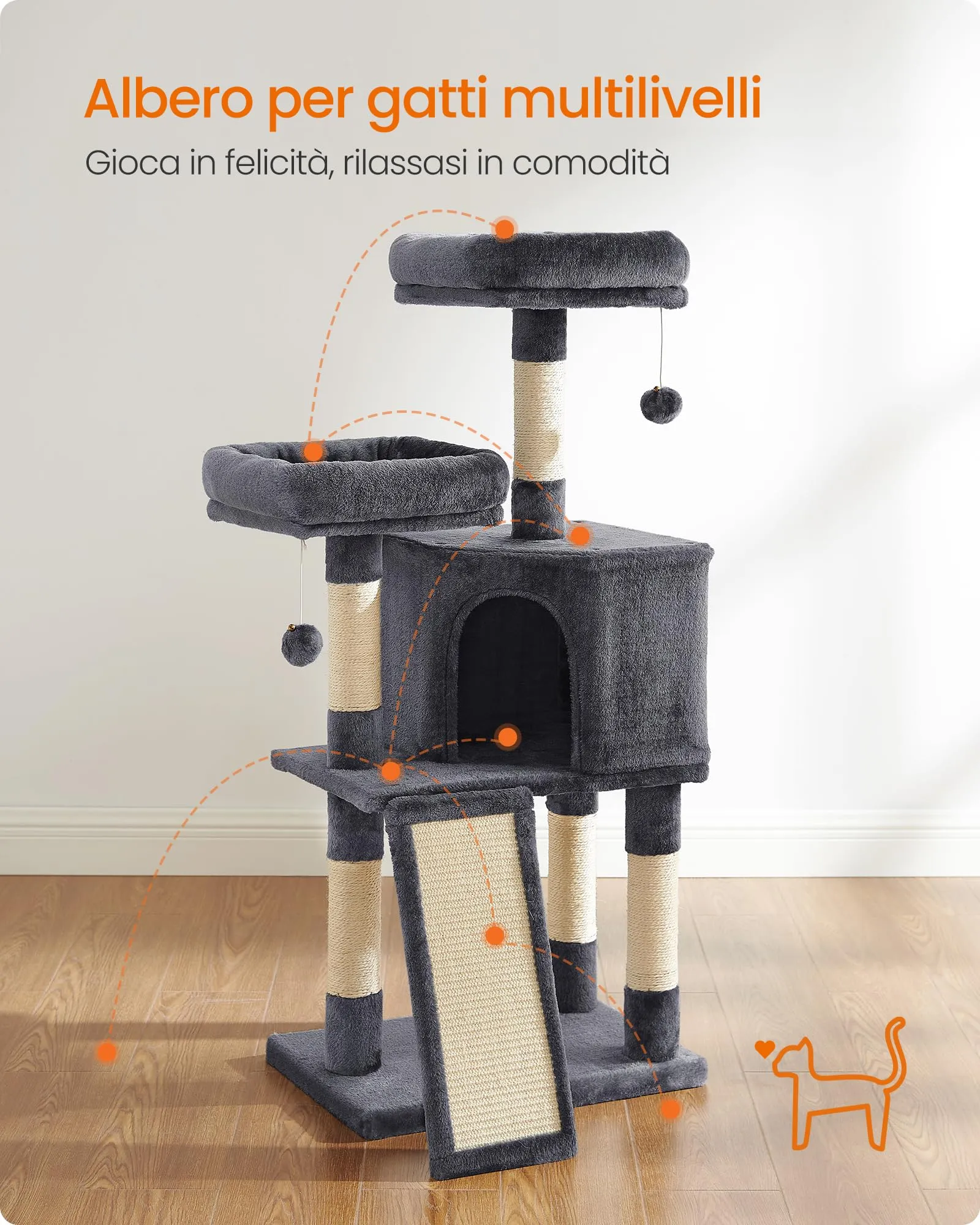 Feandrea Albero per Gatti con Casetta e Tiragraffi, 115cm, Grigio Antracite PCT141G01V1 - immagine 4