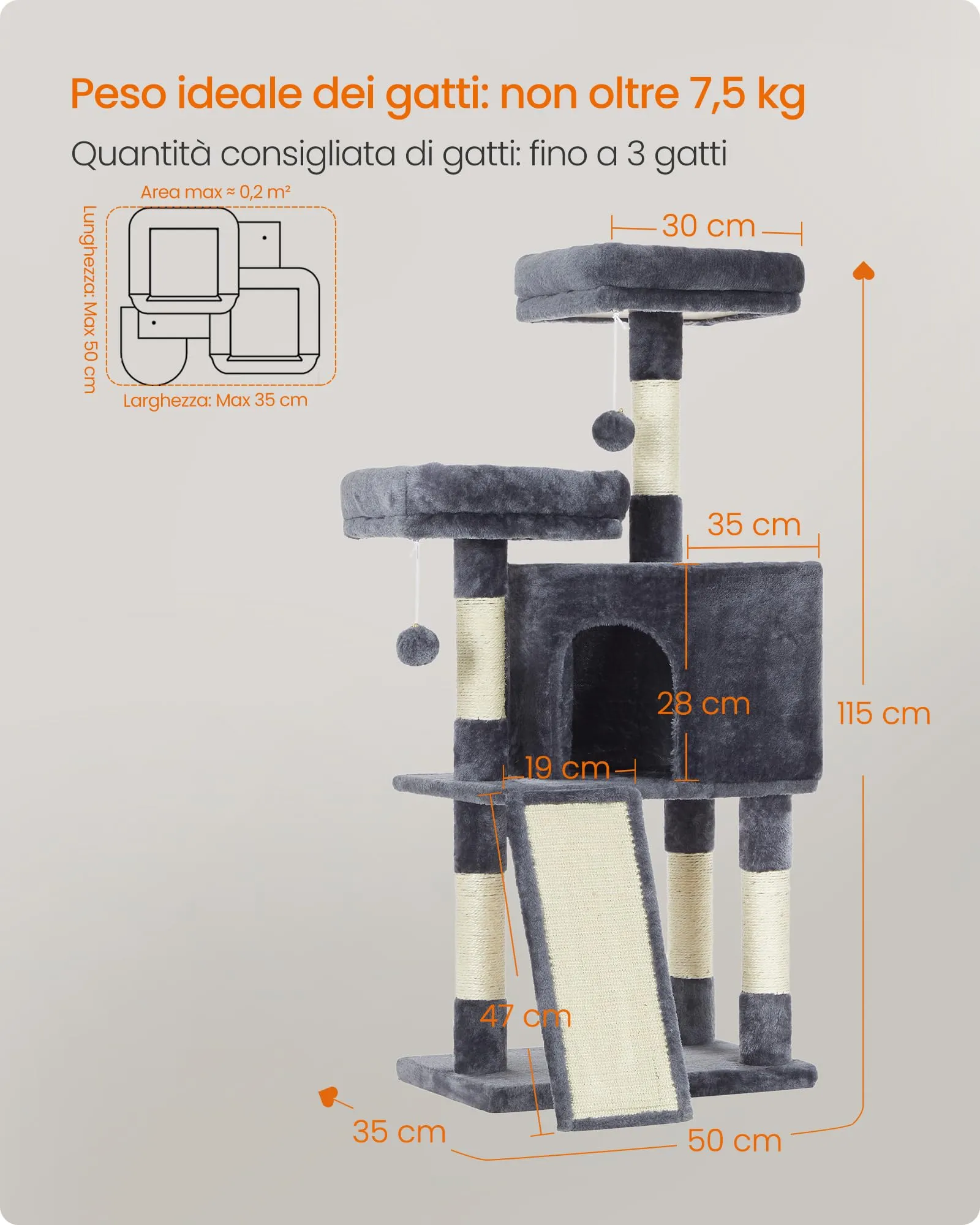 Feandrea Albero per Gatti con Casetta e Tiragraffi, 115cm, Grigio Antracite PCT141G01V1 - immagine 5