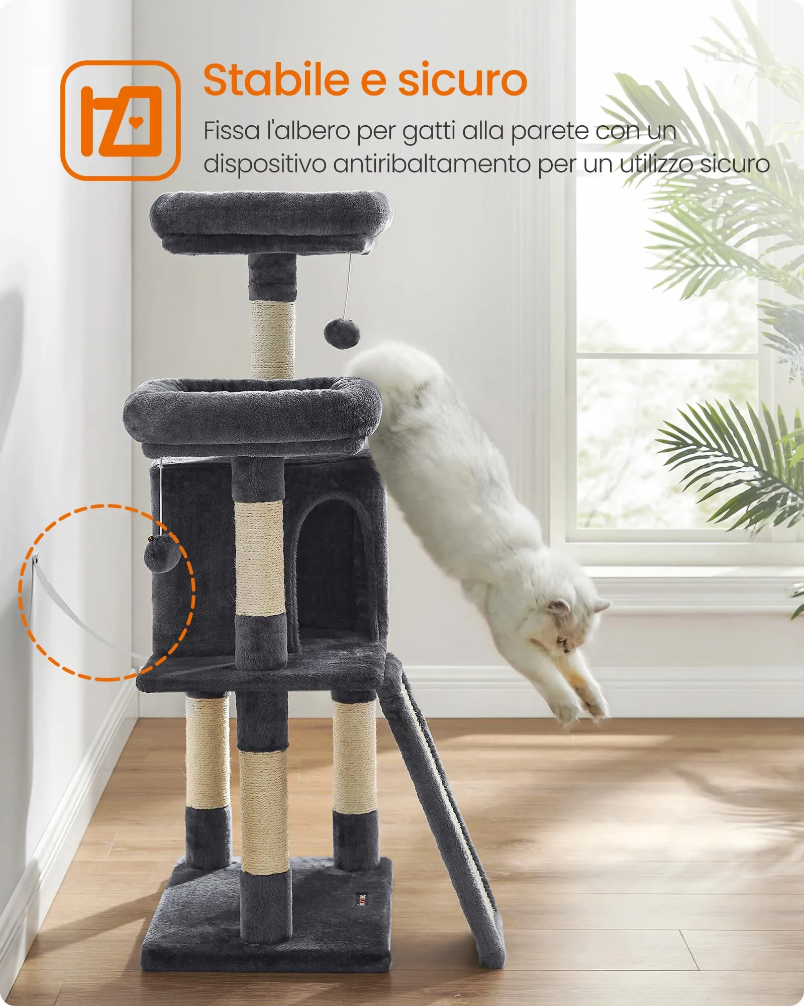Feandrea Albero per Gatti con Casetta e Tiragraffi, 115cm, Grigio Antracite PCT141G01V1 - immagine 6