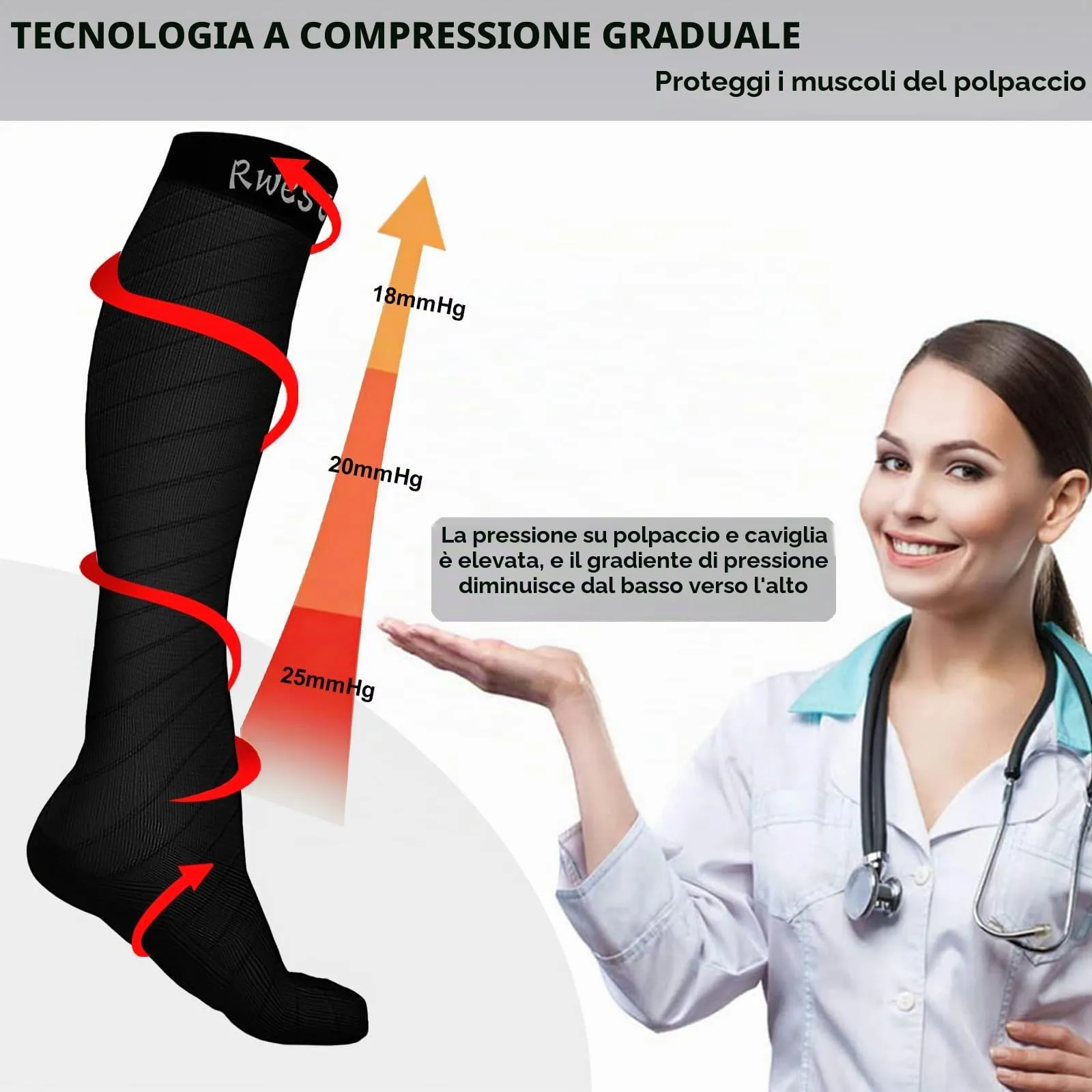 Rwest X Calze a Compressione Graduata per Donna e Uomo, Sport, Corsa, Escursioni, Bici e Viaggi - immagine 5