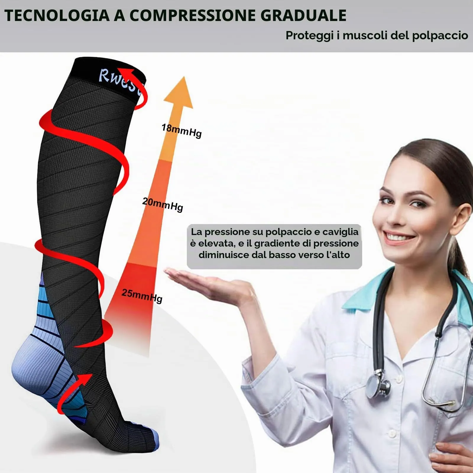 Rwest X Calze a Compressione Graduata per Donna e Uomo, Nero & Blu, Taglia 40-43 - immagine 4