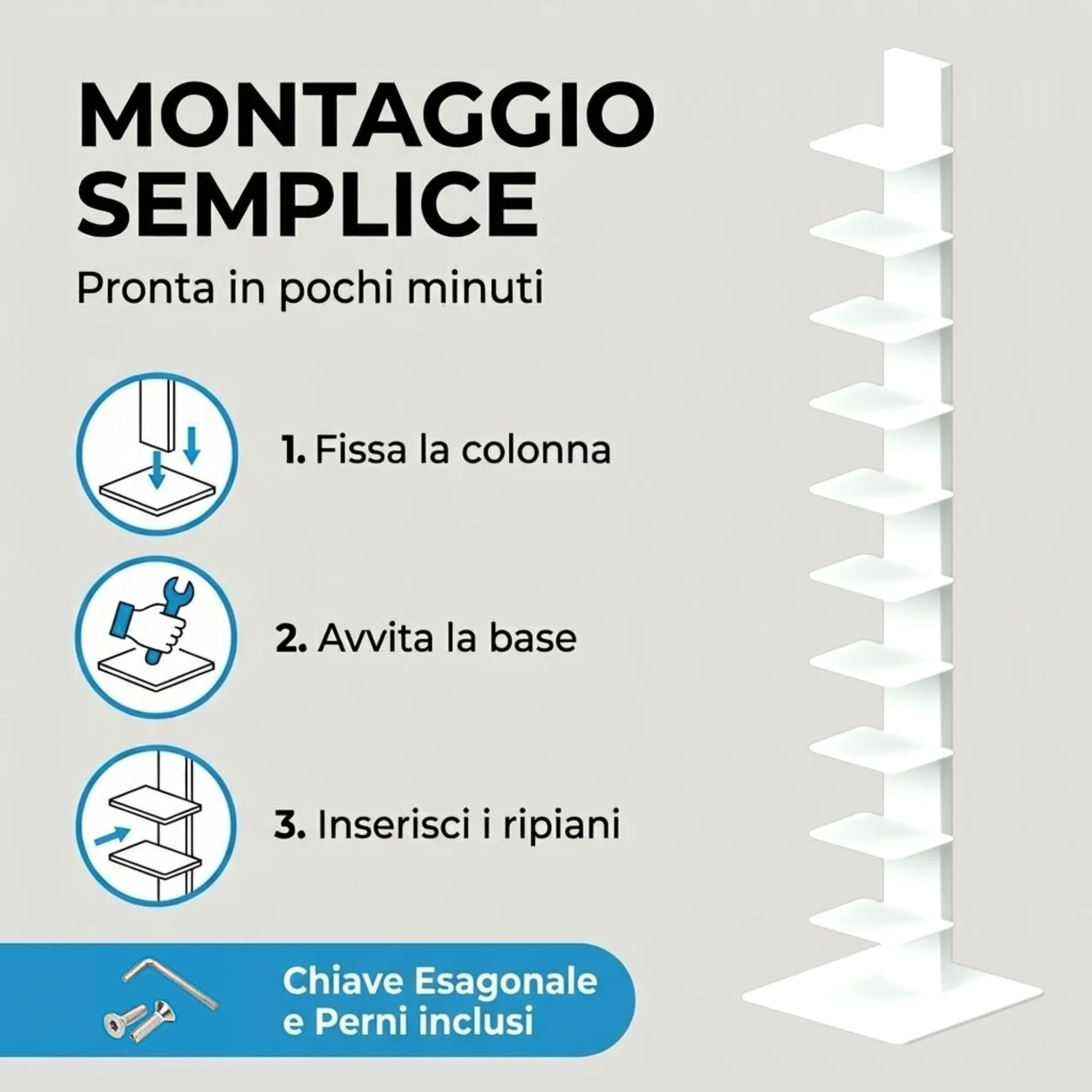 Flo.mar Libreria a Colonna Verticale Bianca, 153 cm, 14 Ripiani - immagine 4